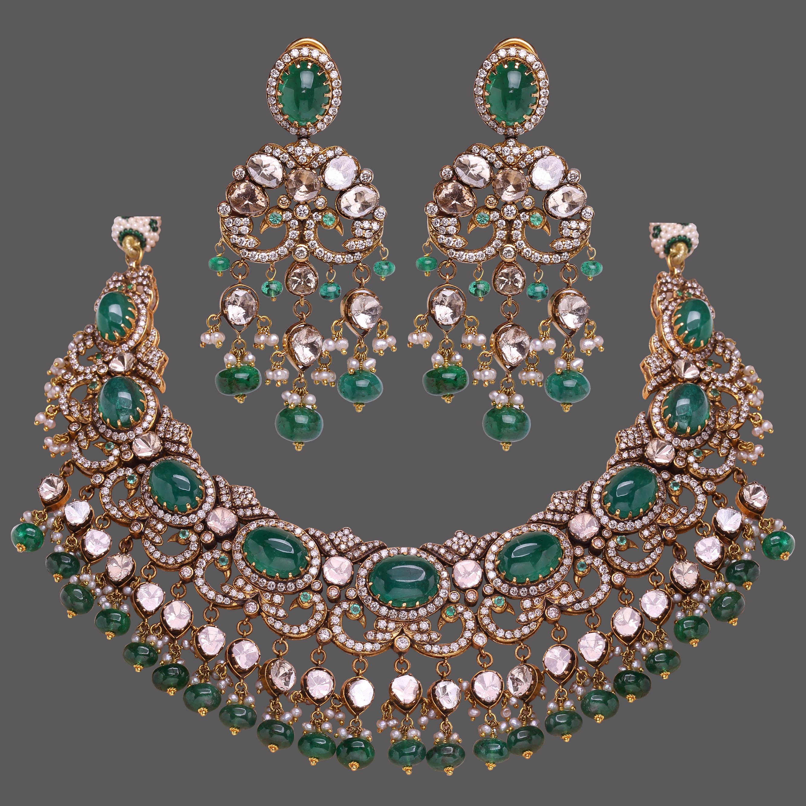 Emerald Polki Necklace With Earrings