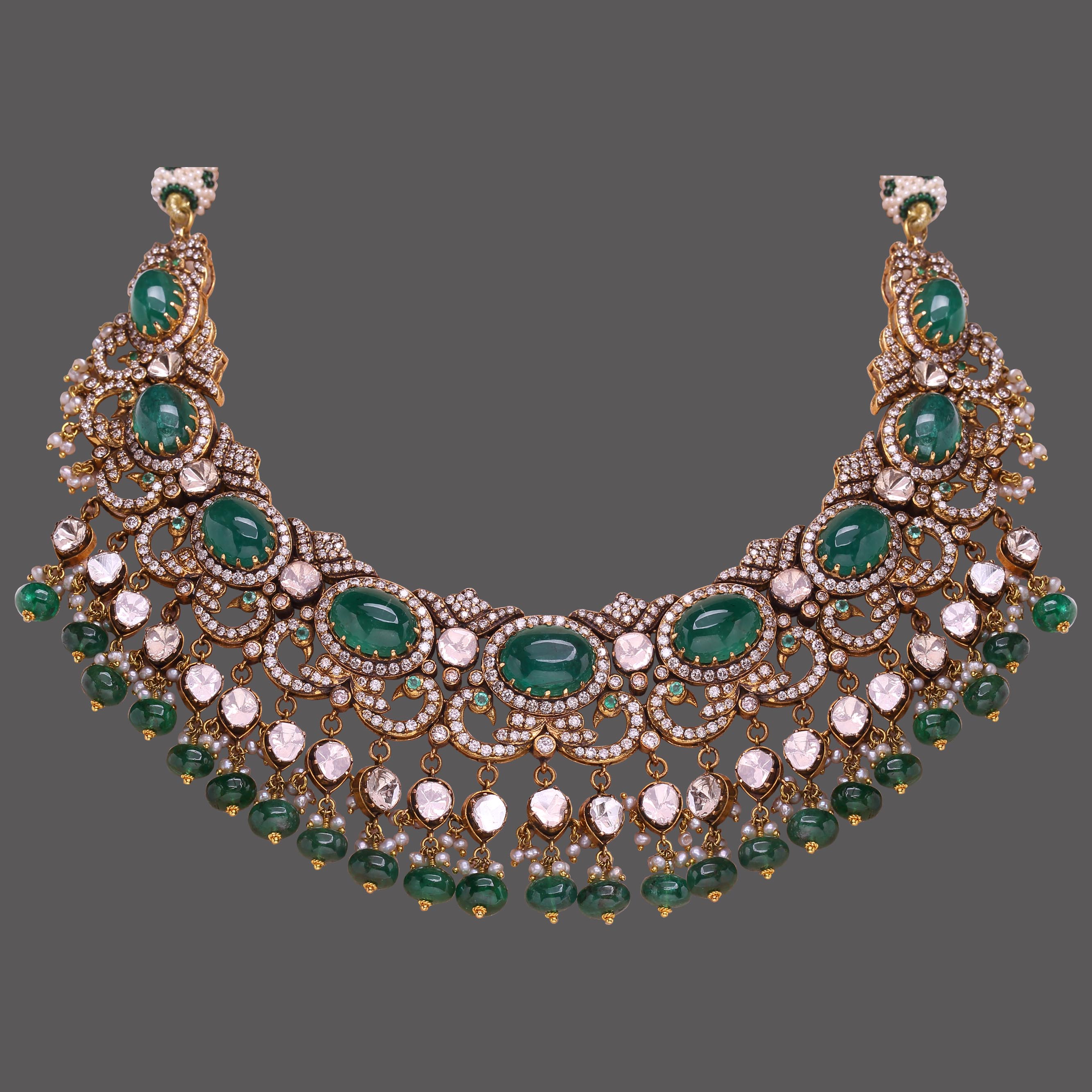 Emerald Polki Necklace With Earrings