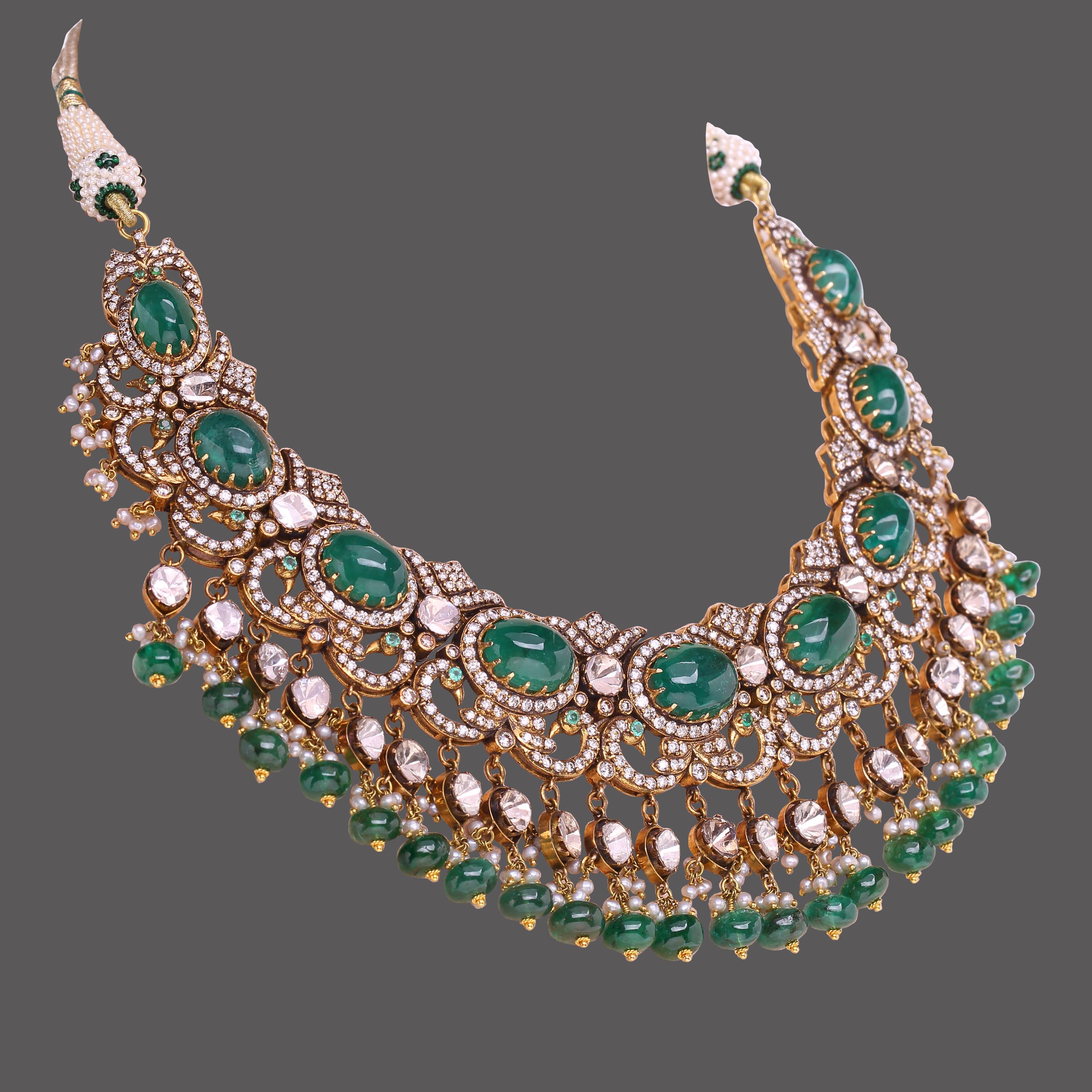 Emerald Polki Necklace With Earrings