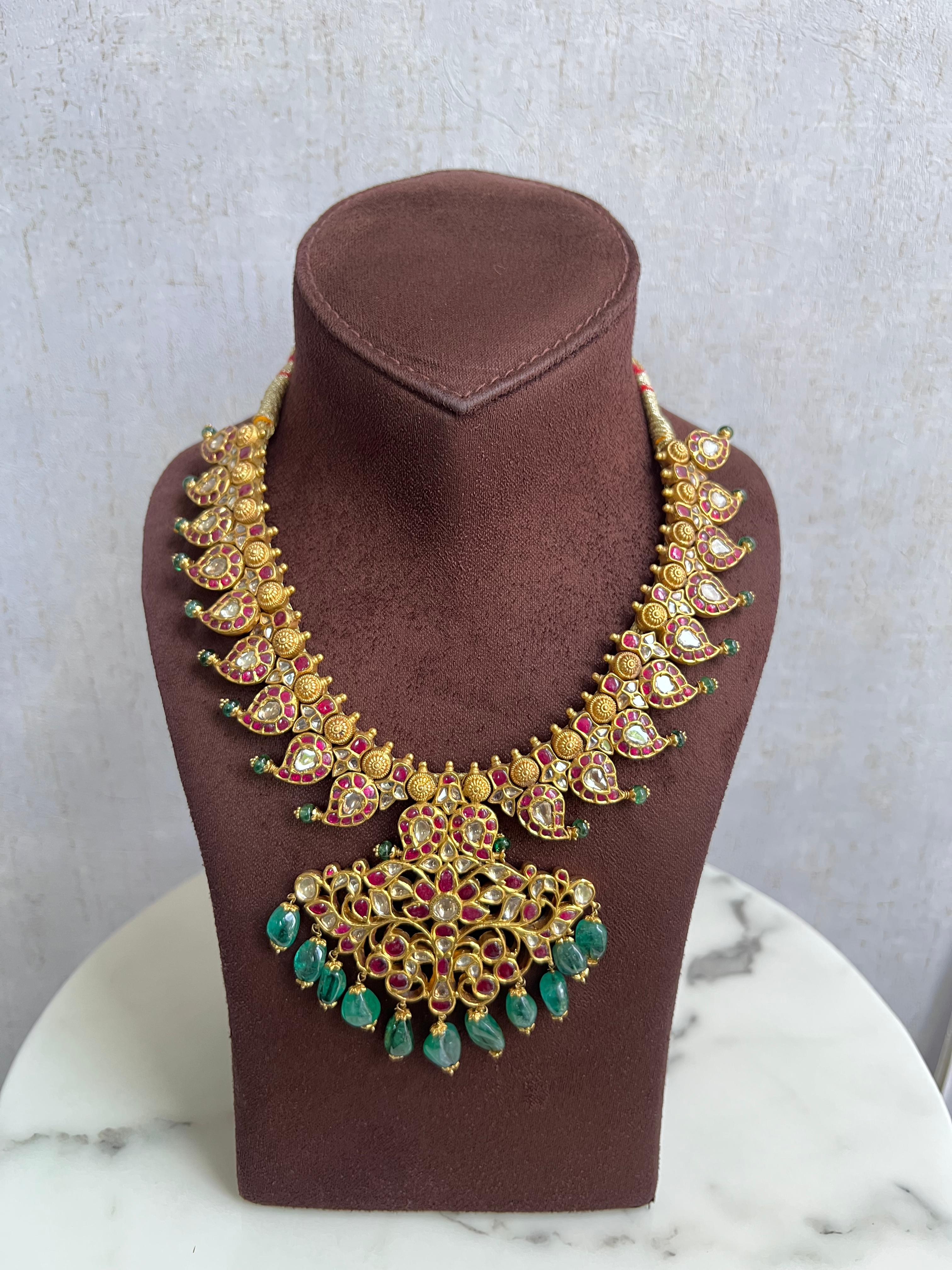 Mango Necklace with Kundan Setting with Rubies and emerald Beads
