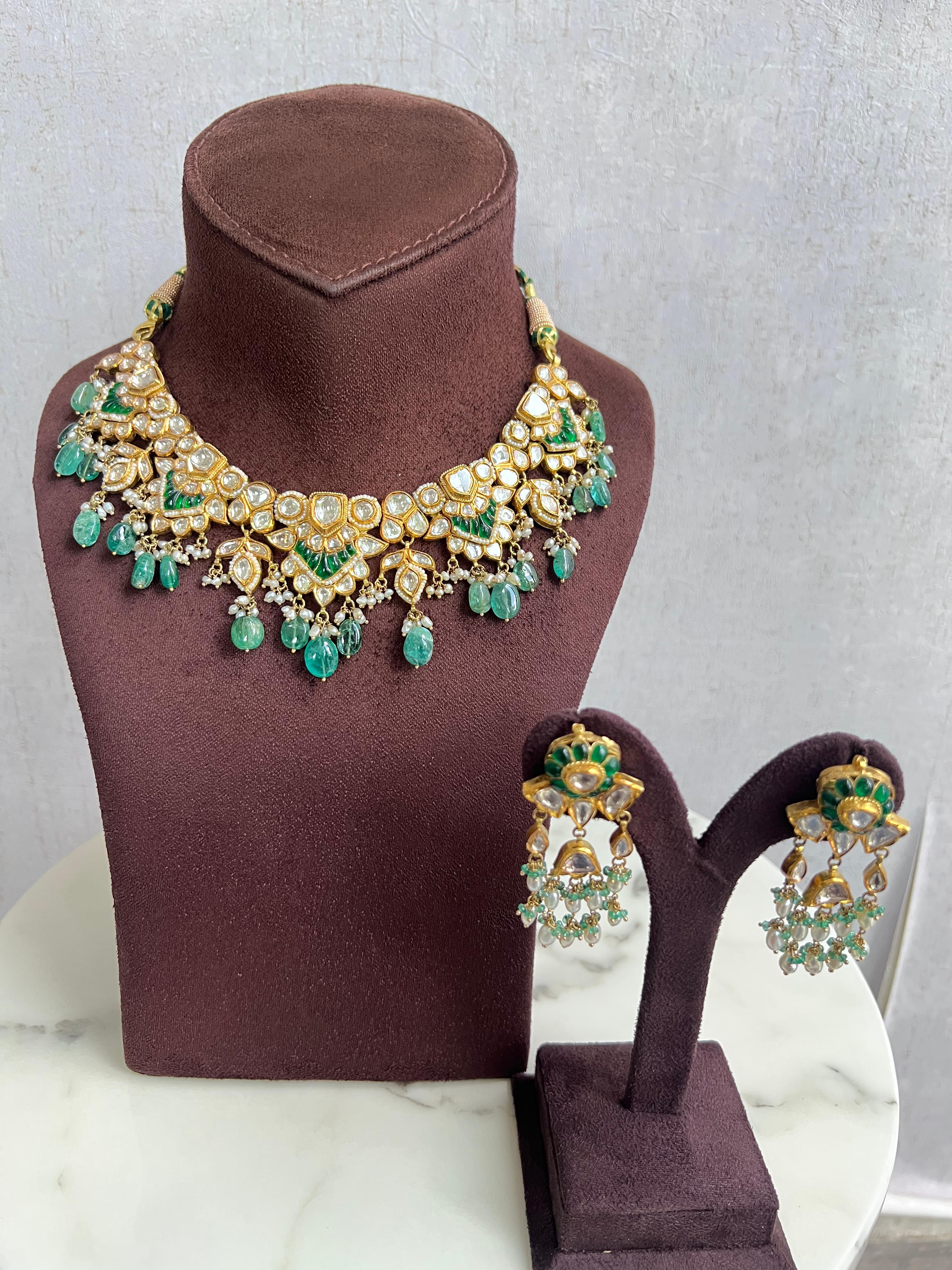 Kundan Setting Choker with Emerald and Emerald Beads