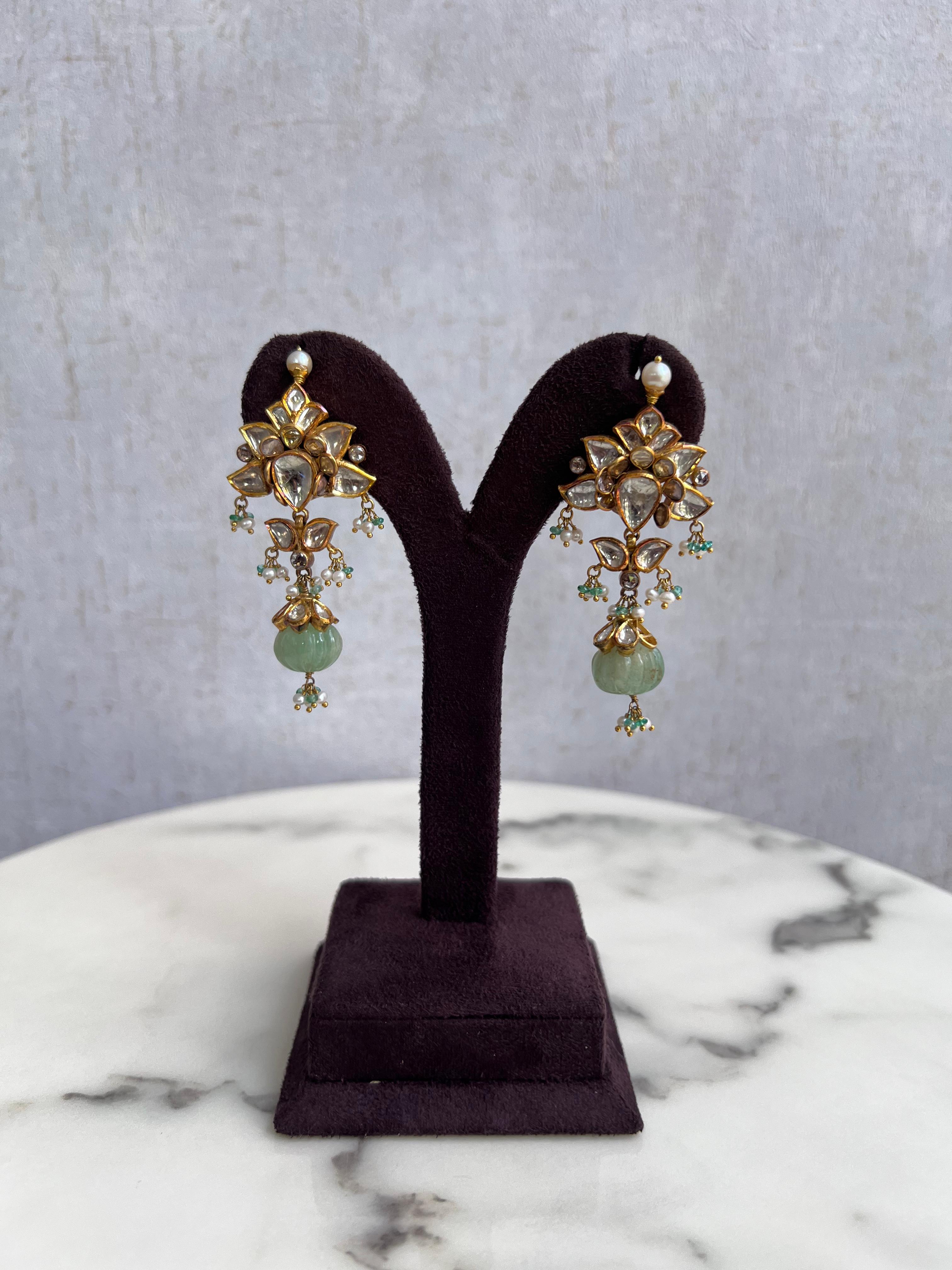 Kundan Settings Polki hangings with Pumpkin Russian Emerald