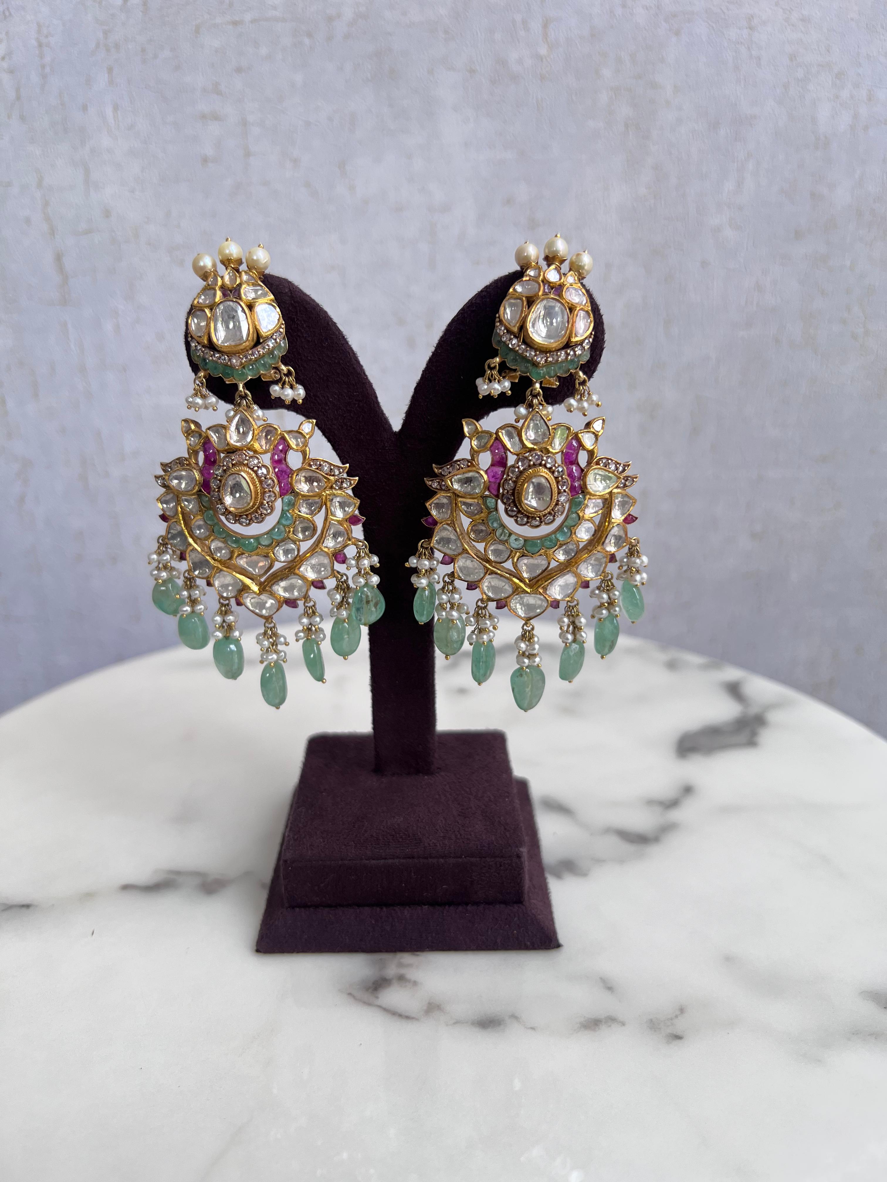 Kundan Hangings with Emerald Beads
