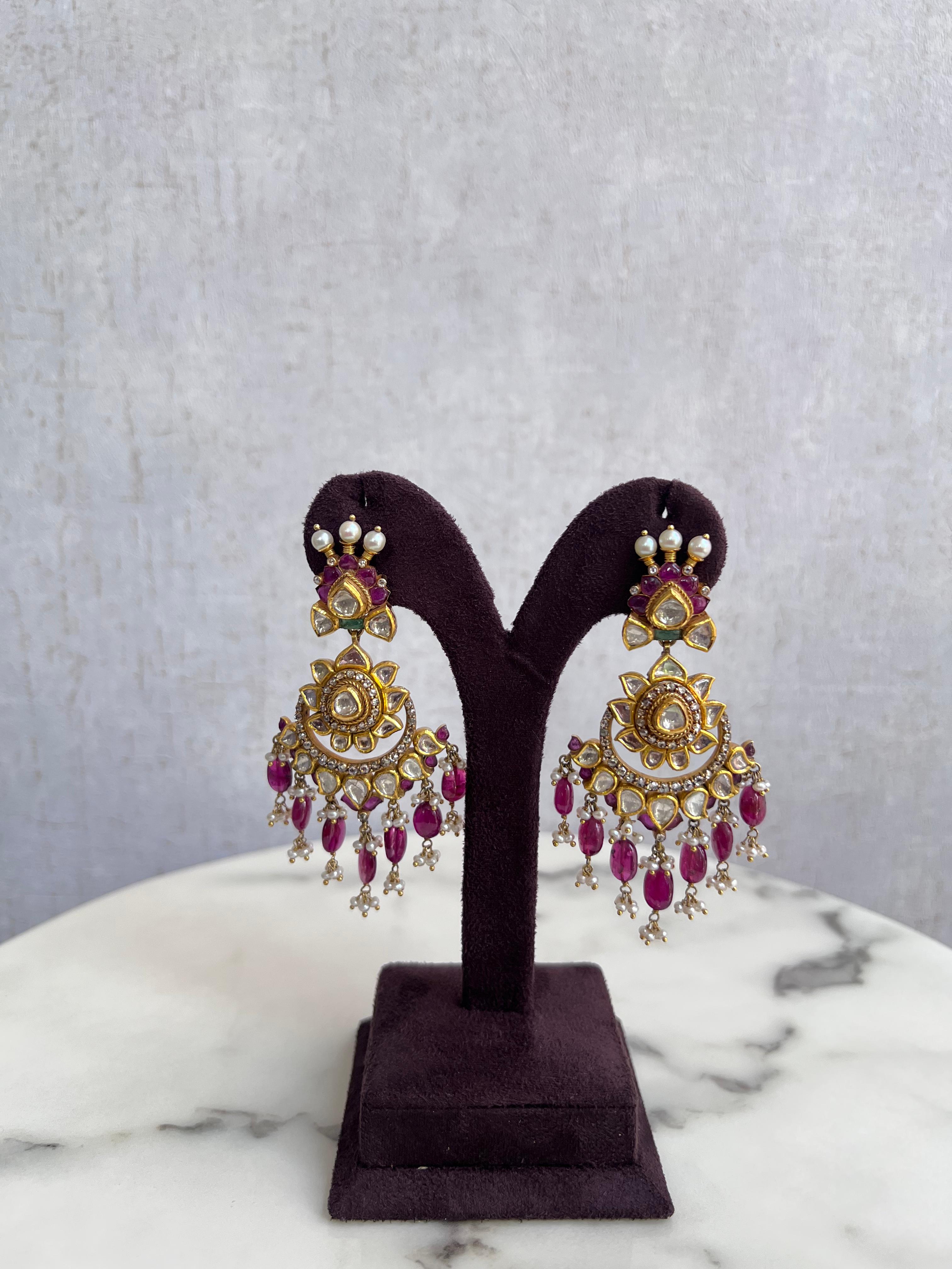 Kundan Setting Chand Hangnings with Ruby Beads