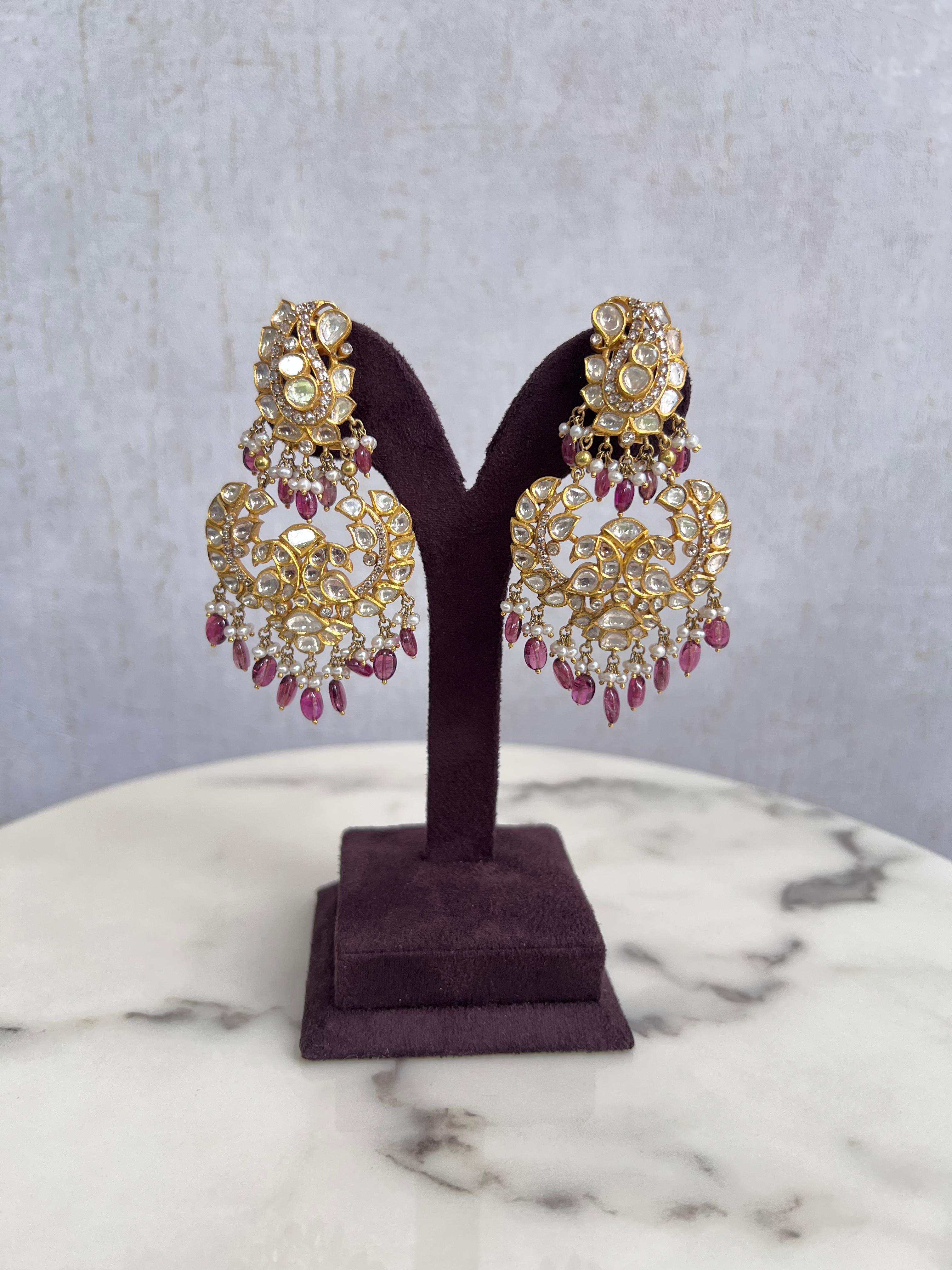 Tourmaline Kundan Earrings with K.C Pearls