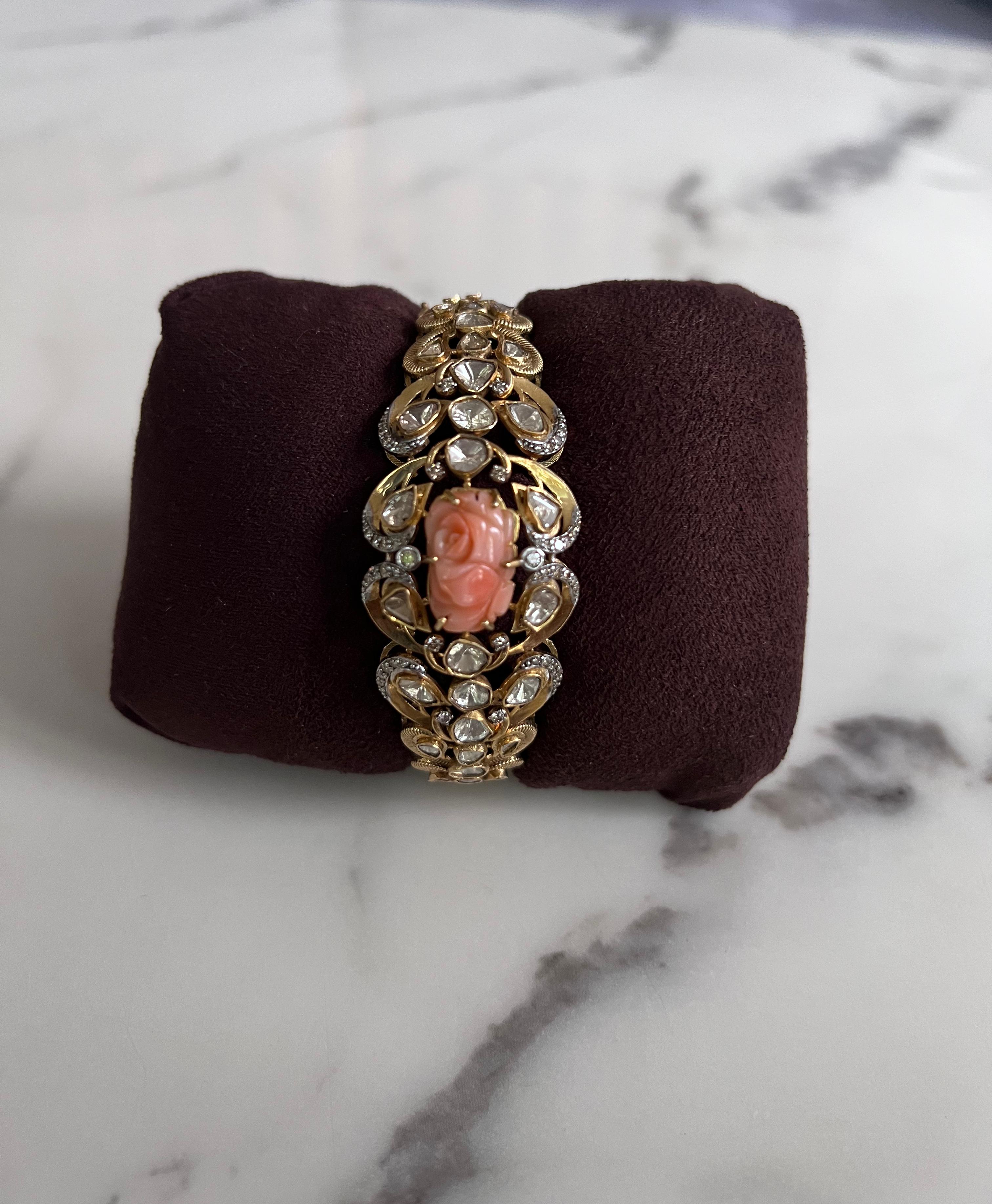 Polki Kada With Carved Coral