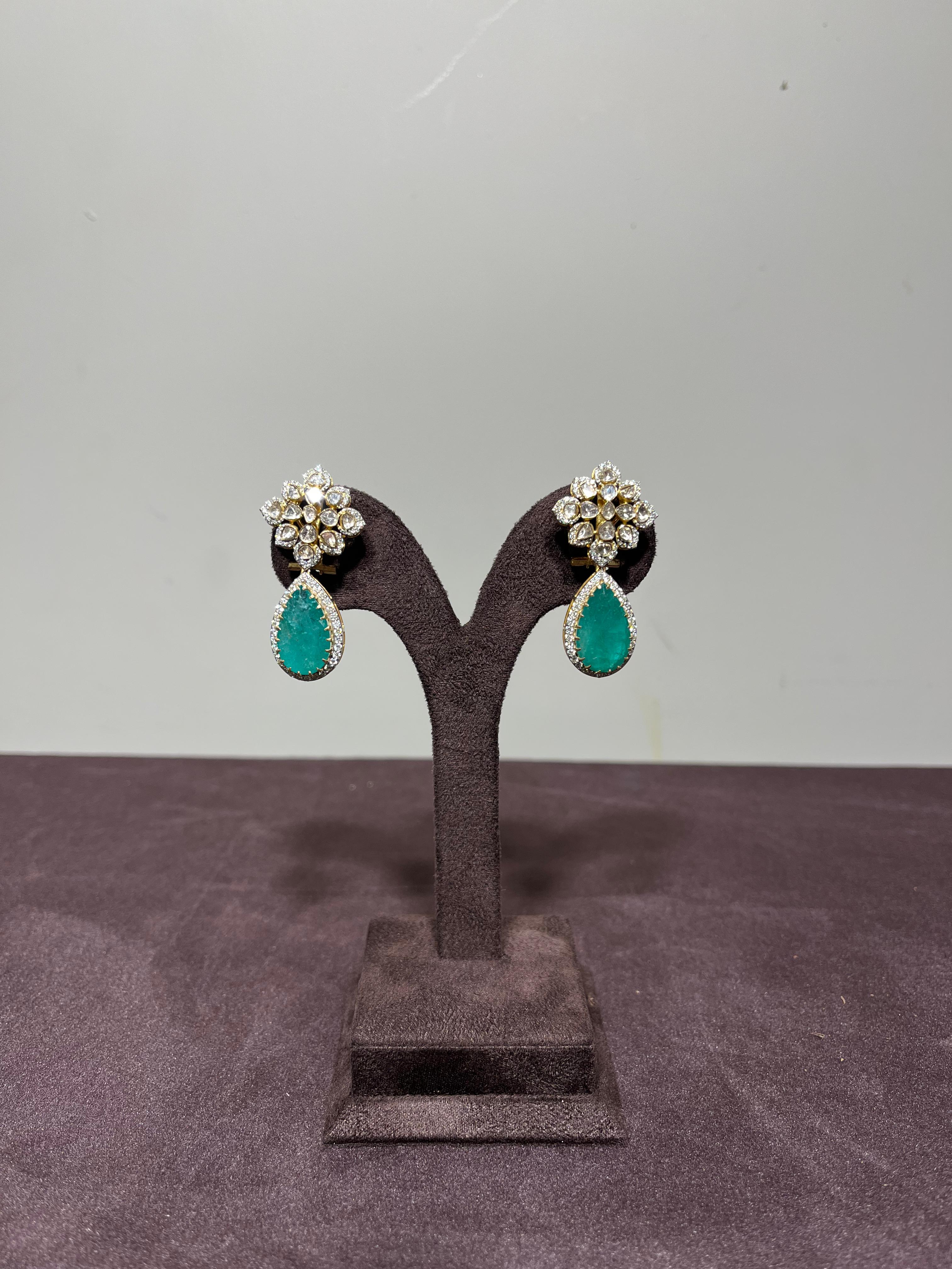 Elegant Polki Earrings with Zambian Emerald