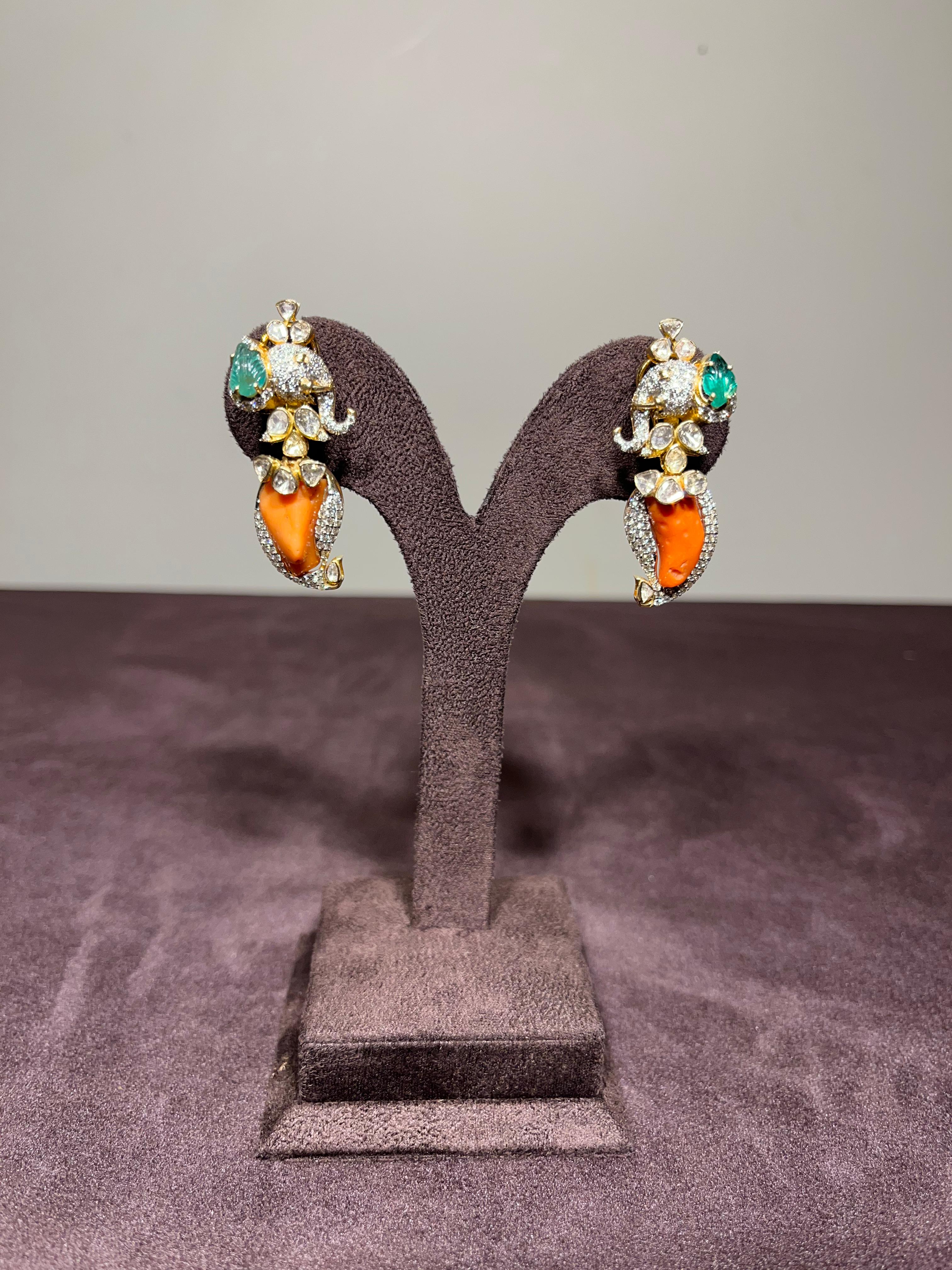 Unique Elephant Motif Earrings with Corals and Zambian Emerald