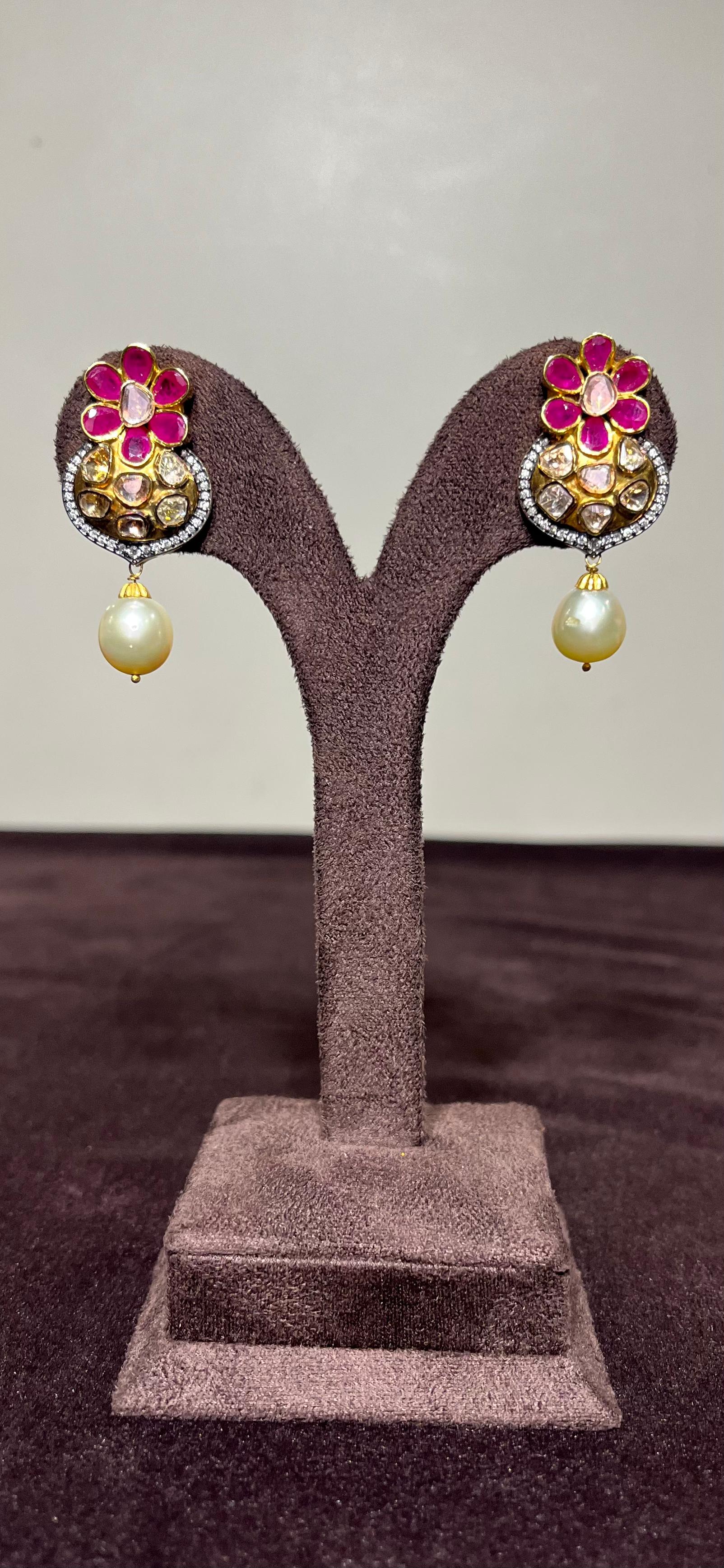 Ruby Floral Polki Hangings with Pearl Drop Ruby Floral Polki Hangings with Pearl Drop