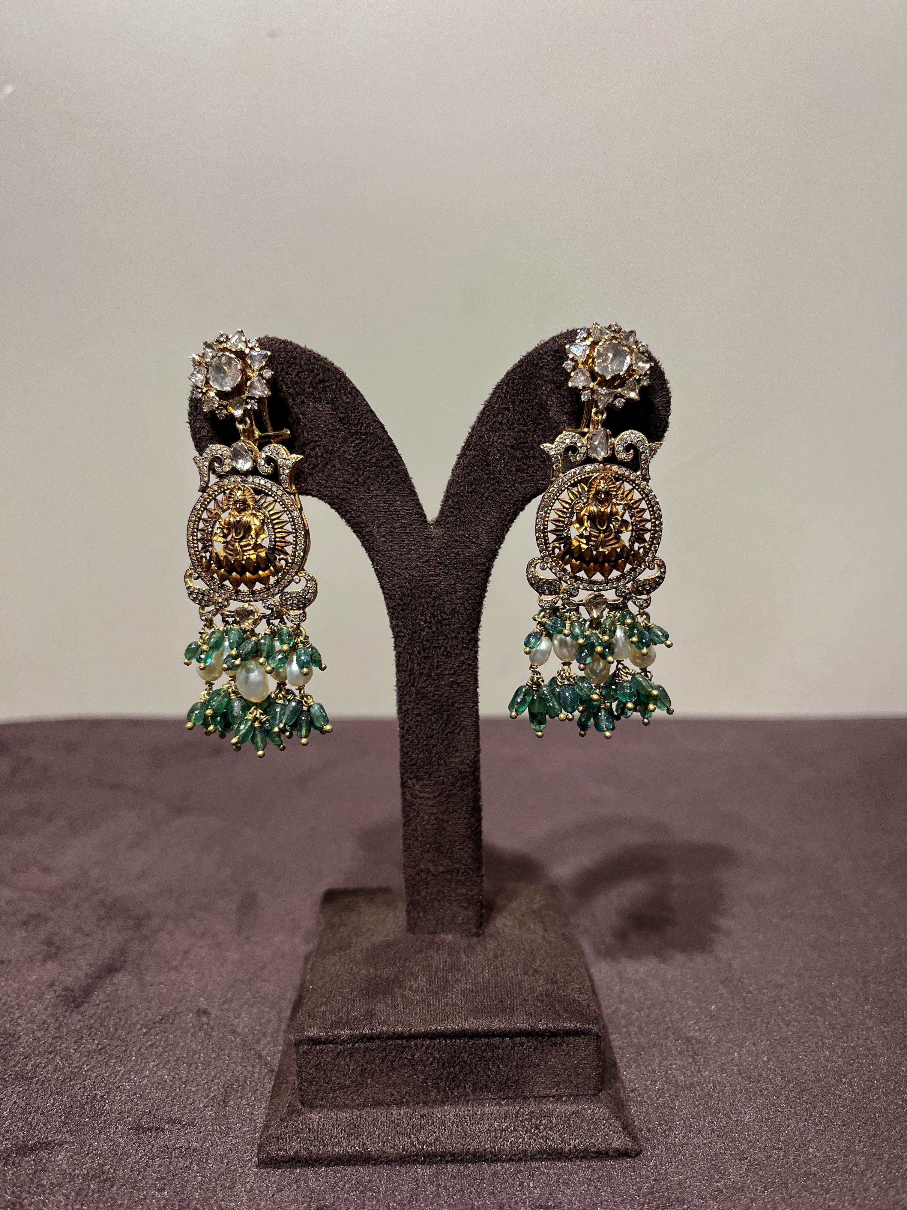 Traditional Laxmi Victorian Earrings with Pearls and Emerald Beads