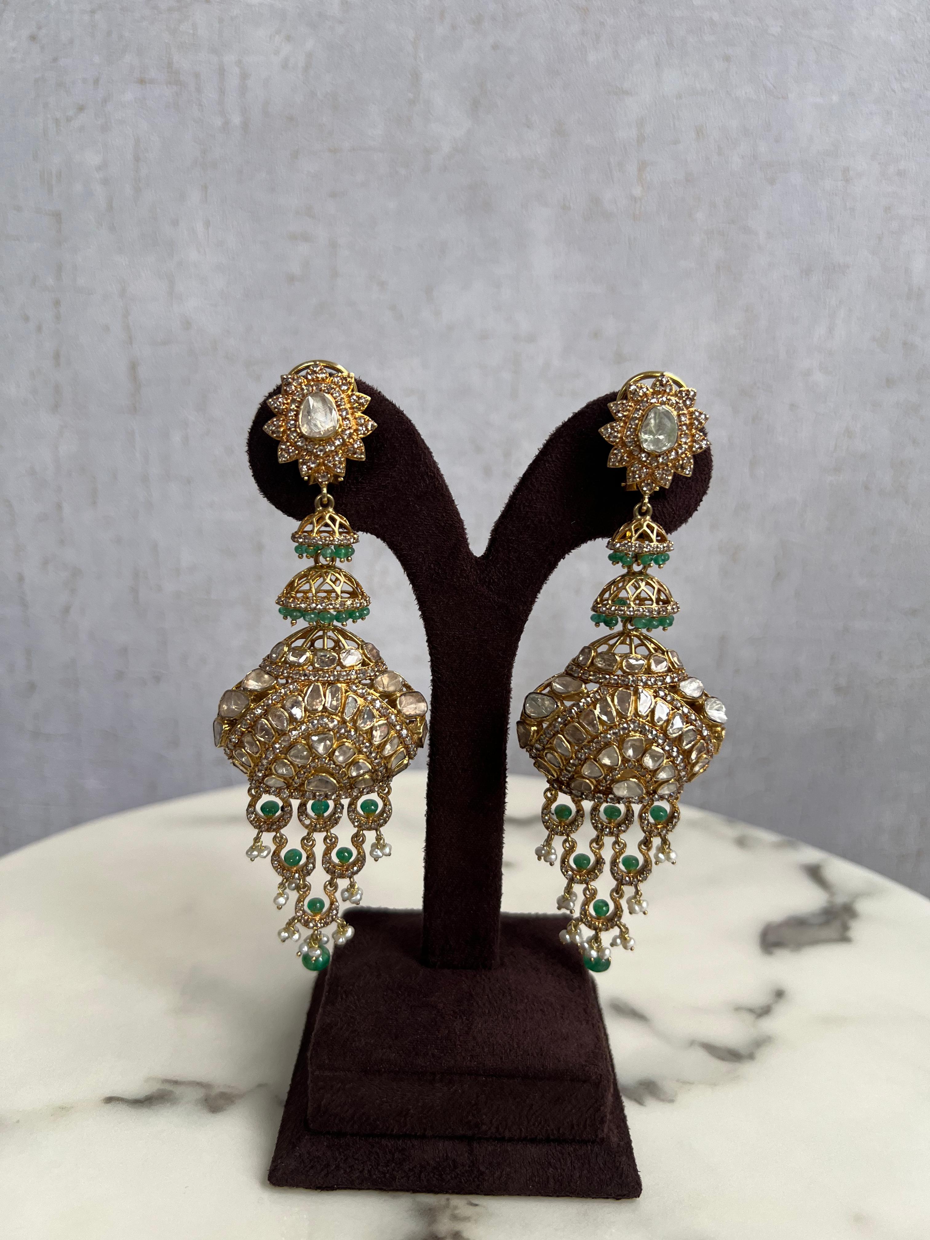 Fancy Polki Hangings with Diamonds and Emerald Beads