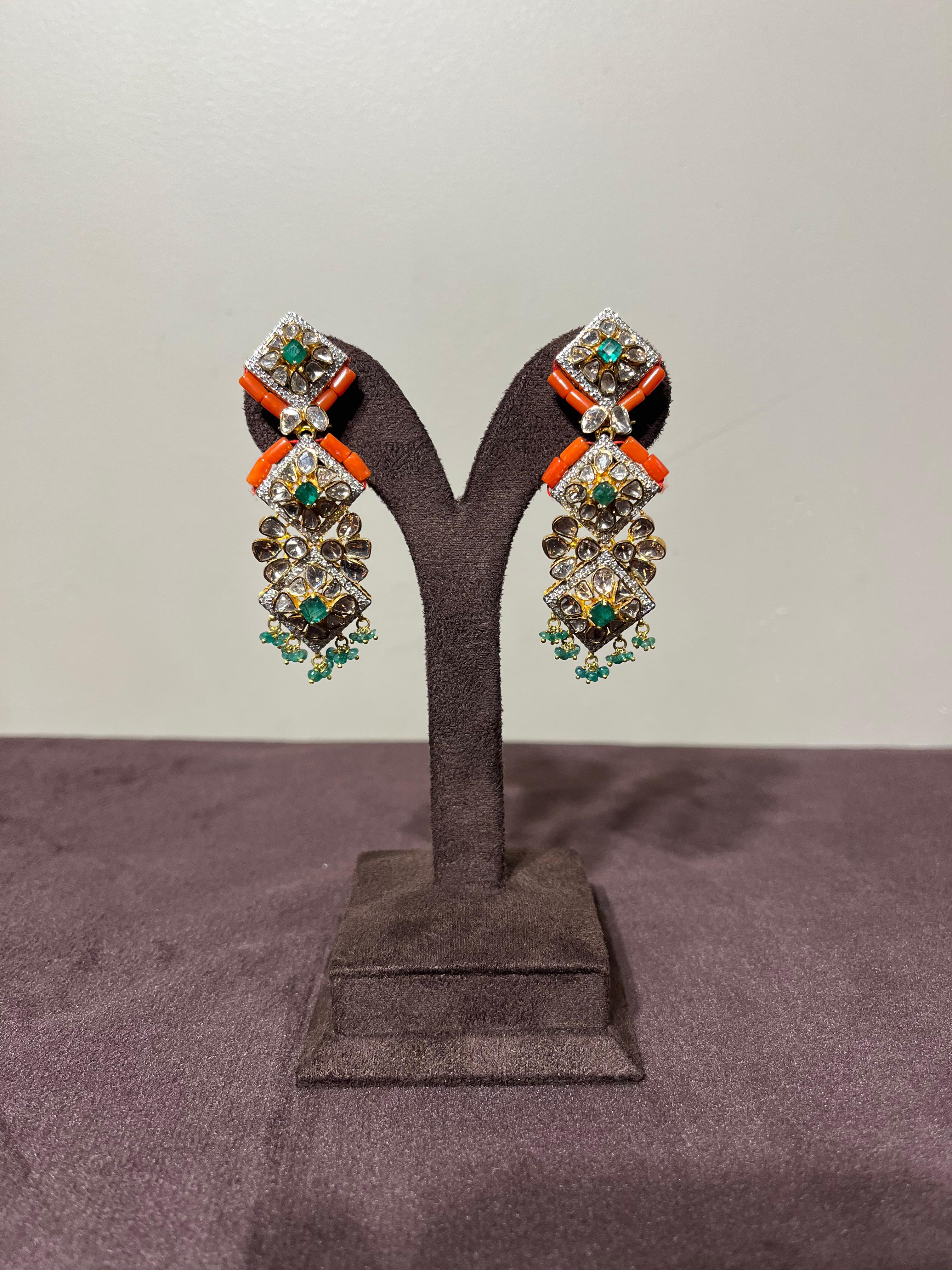 Fancy polki Earrings with Coral and Emerald Beads