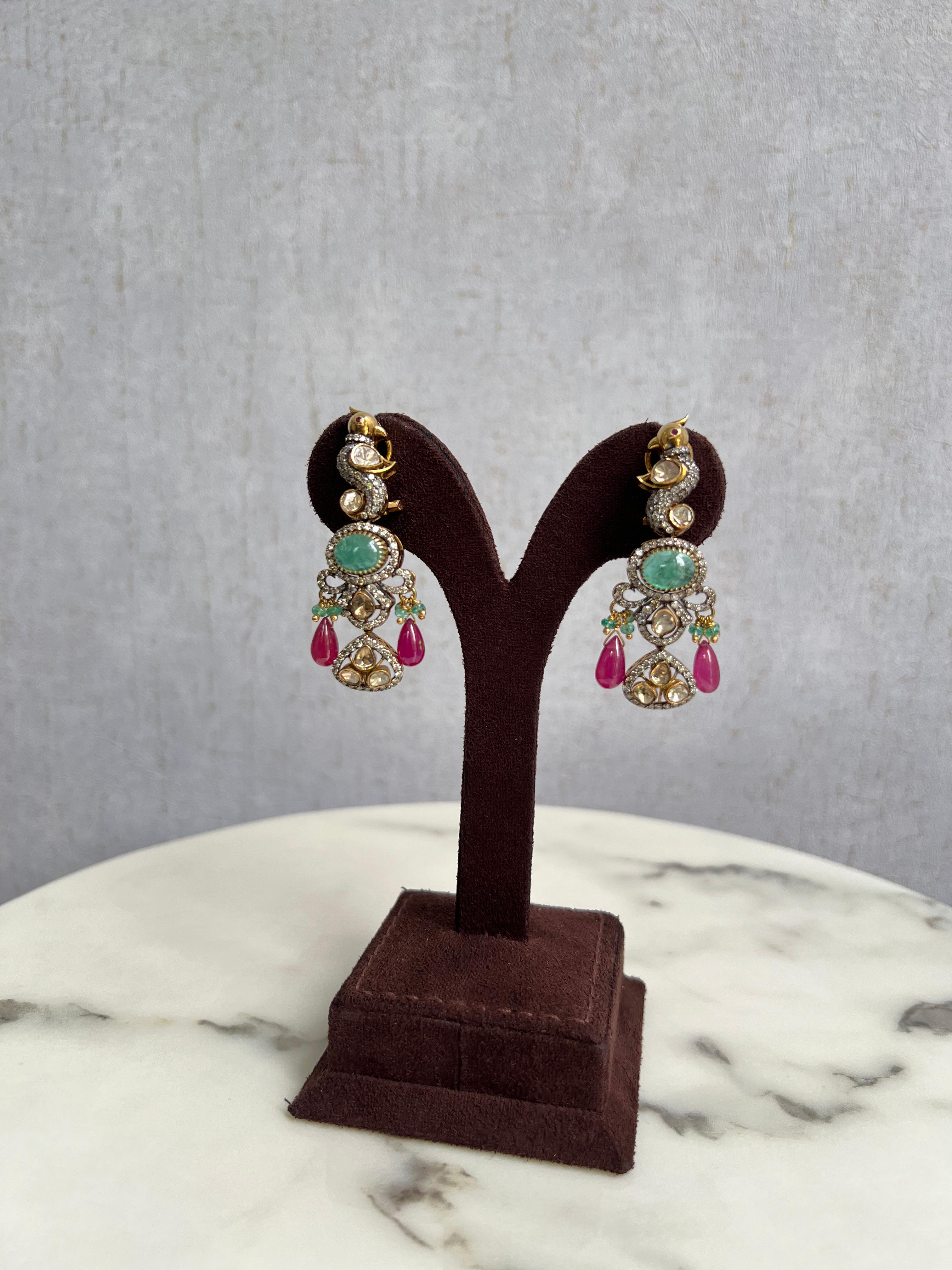 Parrot Motif Polki Hangings with Emerald and Rubies Parrot Motif Polki Hangings with Emerald and Rubies