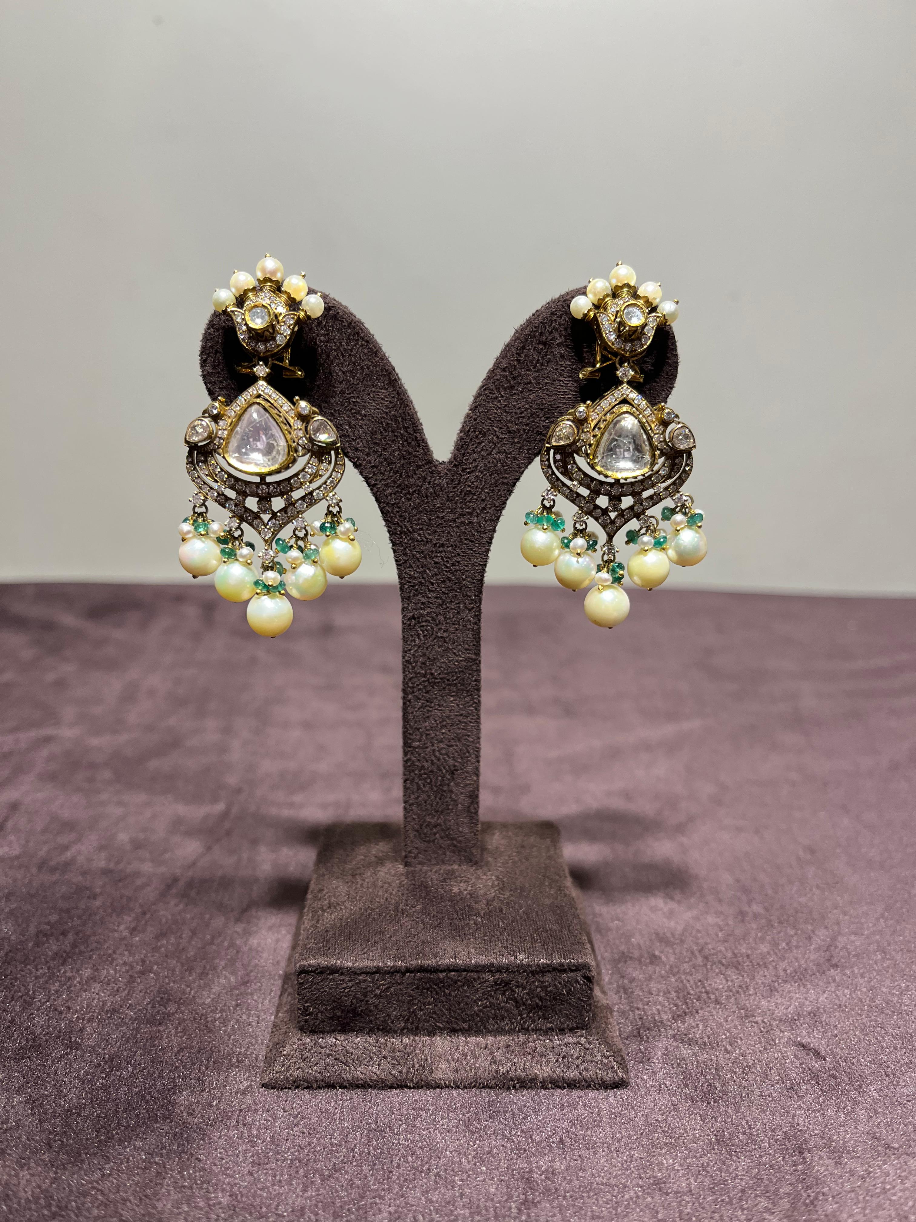 Dazzling Victorian Polki Earrings with Pearl drops