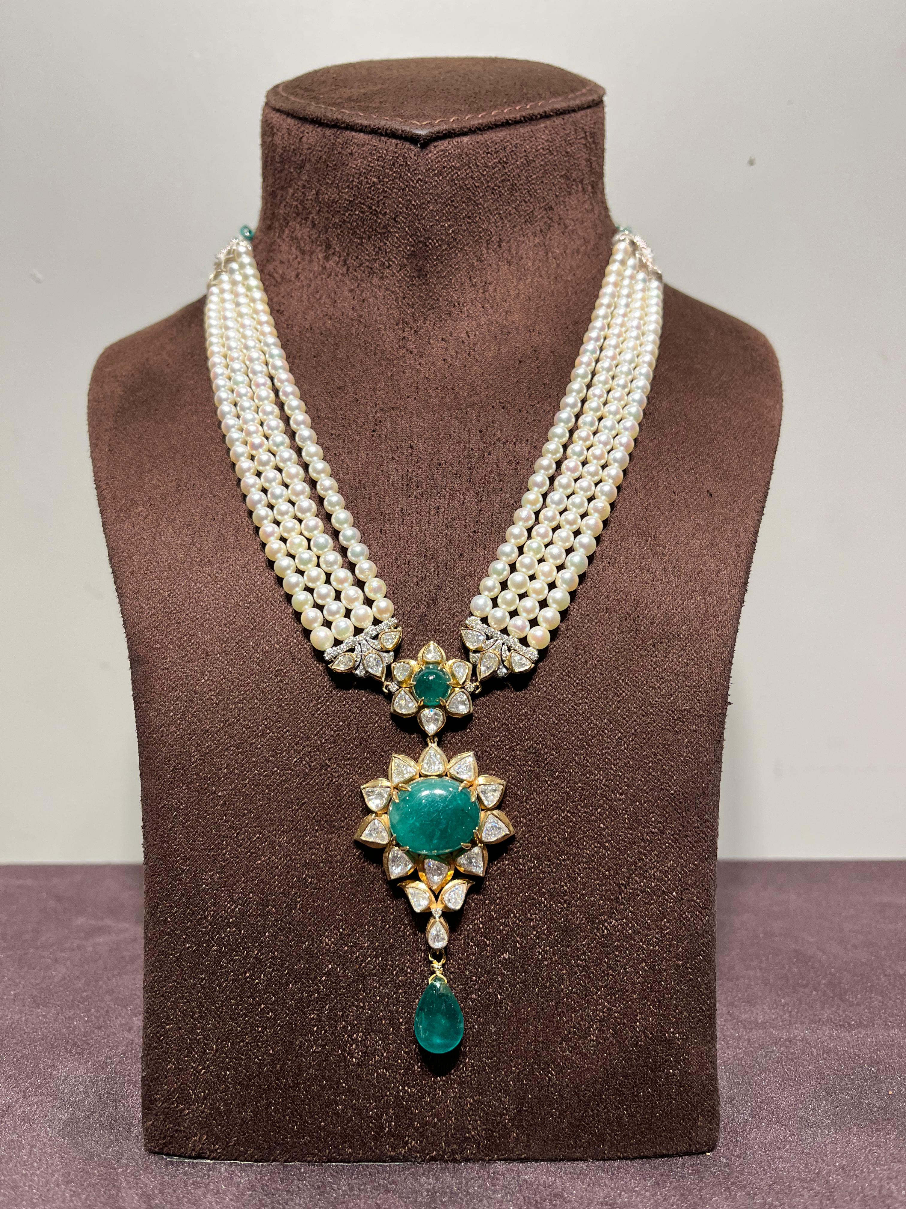 Classic Akoya Pearl Necklace with Zambian Emerald