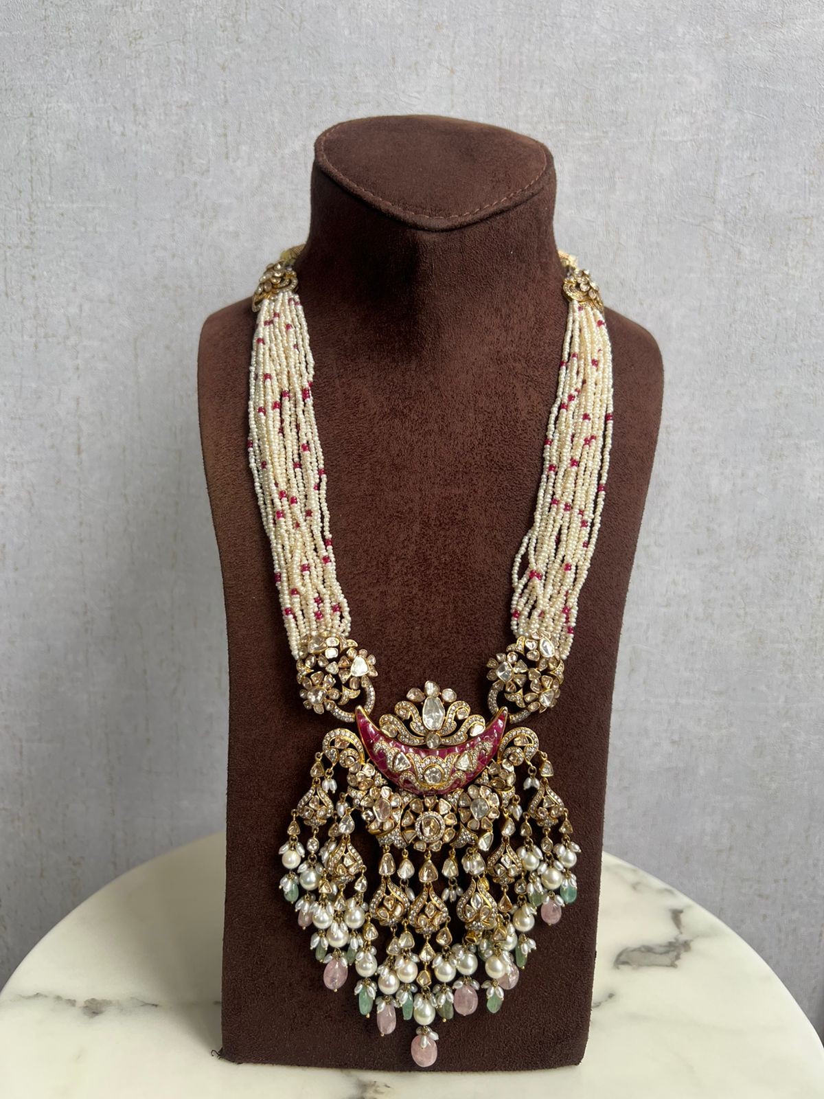 Statement chand shape polki pendant with pearls