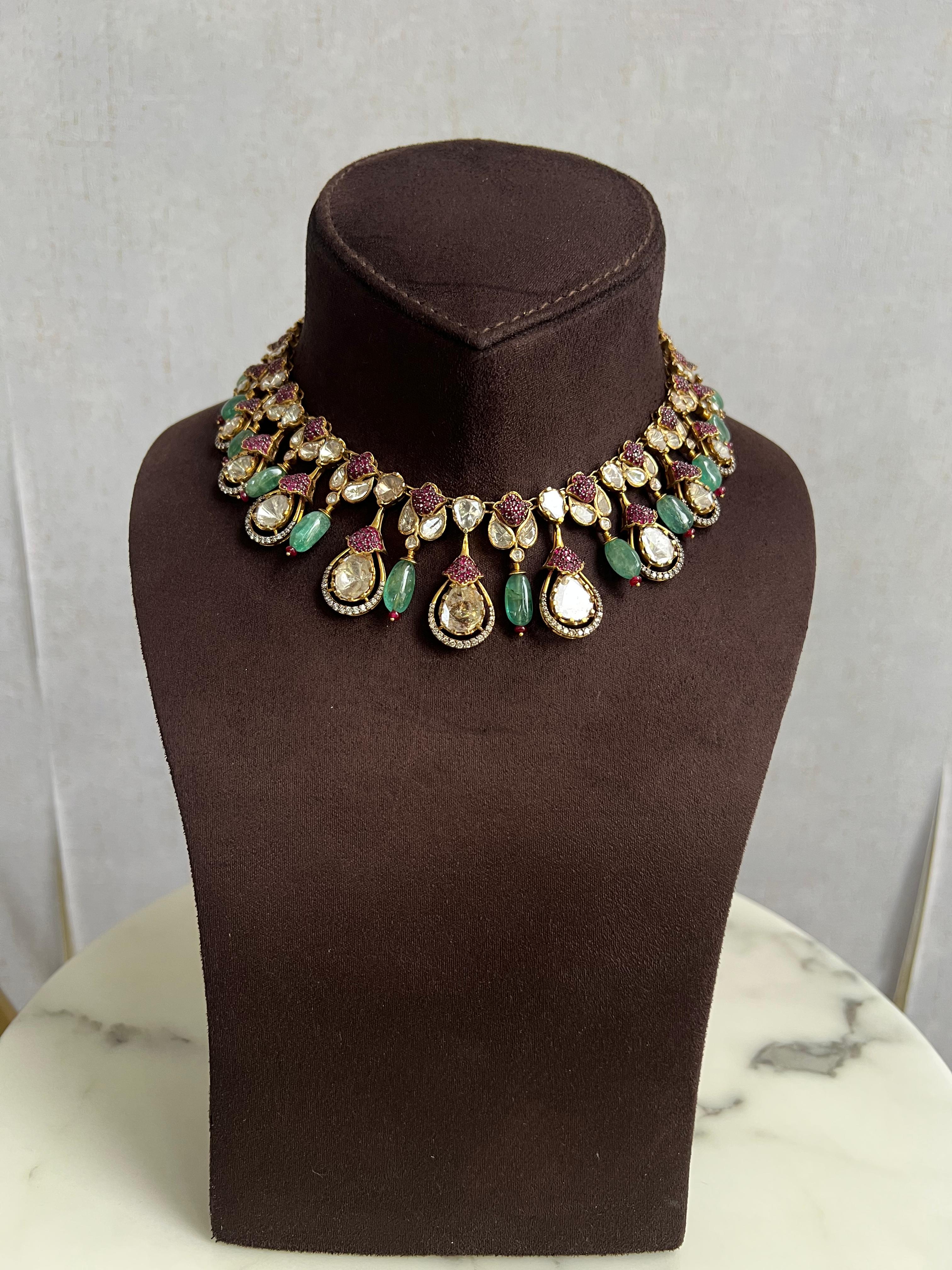 Stunning Polki Necklace with Emerald Beads and Rubies