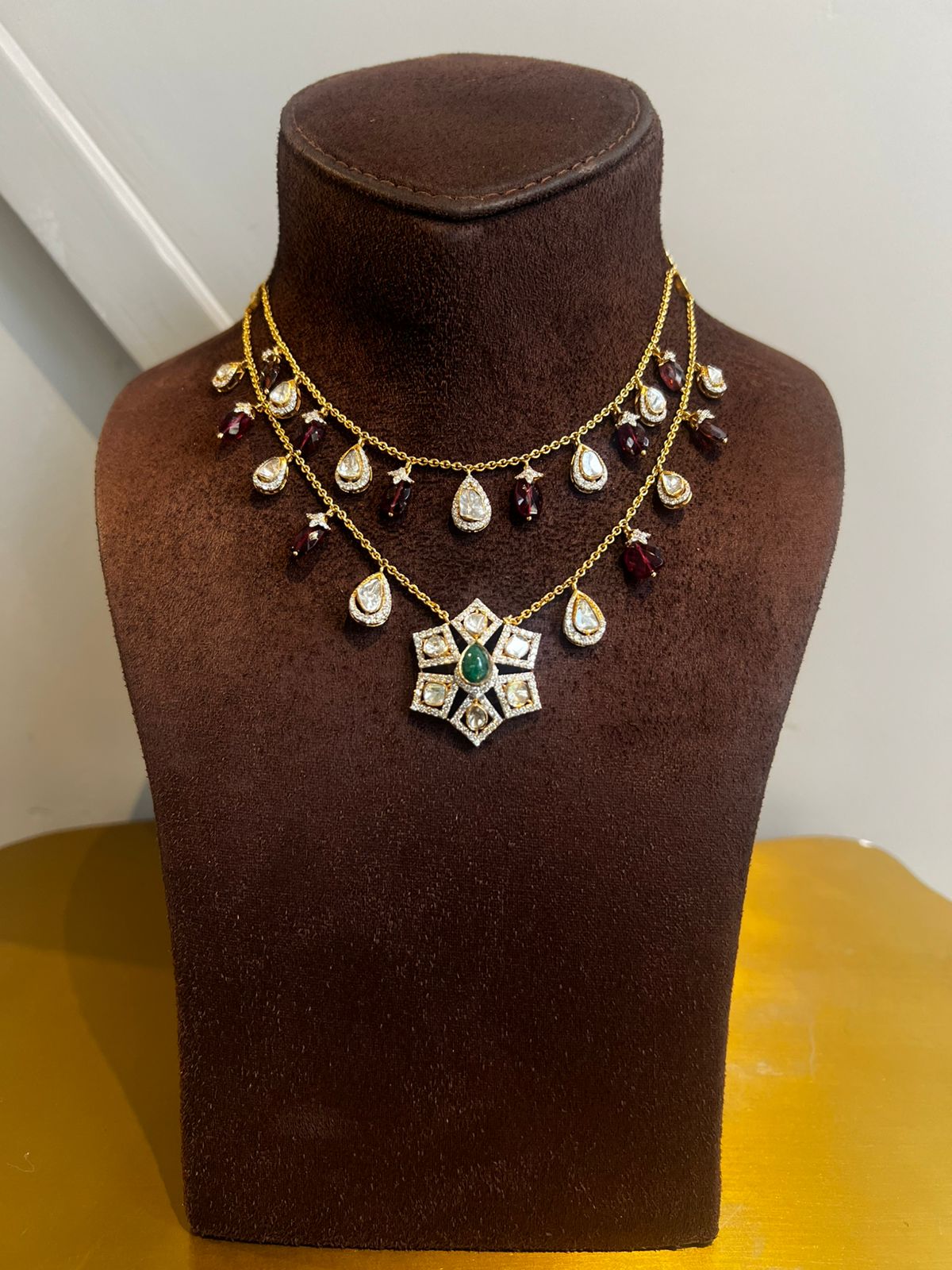 Sparkling Polki Necklace with Emerald and Tourmaline Beads Sparkling Polki Necklace with Emerald and Tourmaline Beads