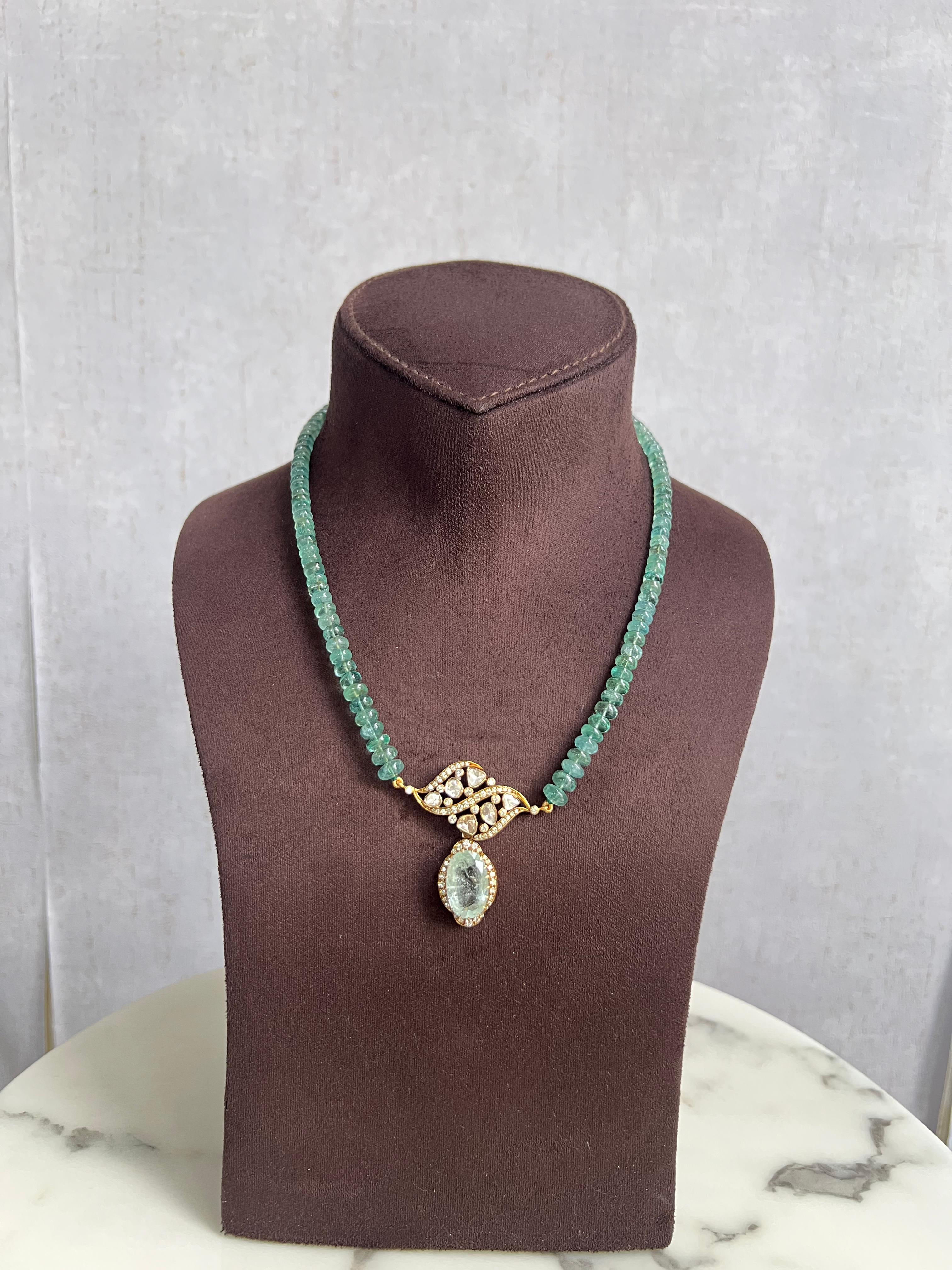 Zambian Emerald Beads with Polki Necklace Zambian Emerald Beads with Polki Necklace