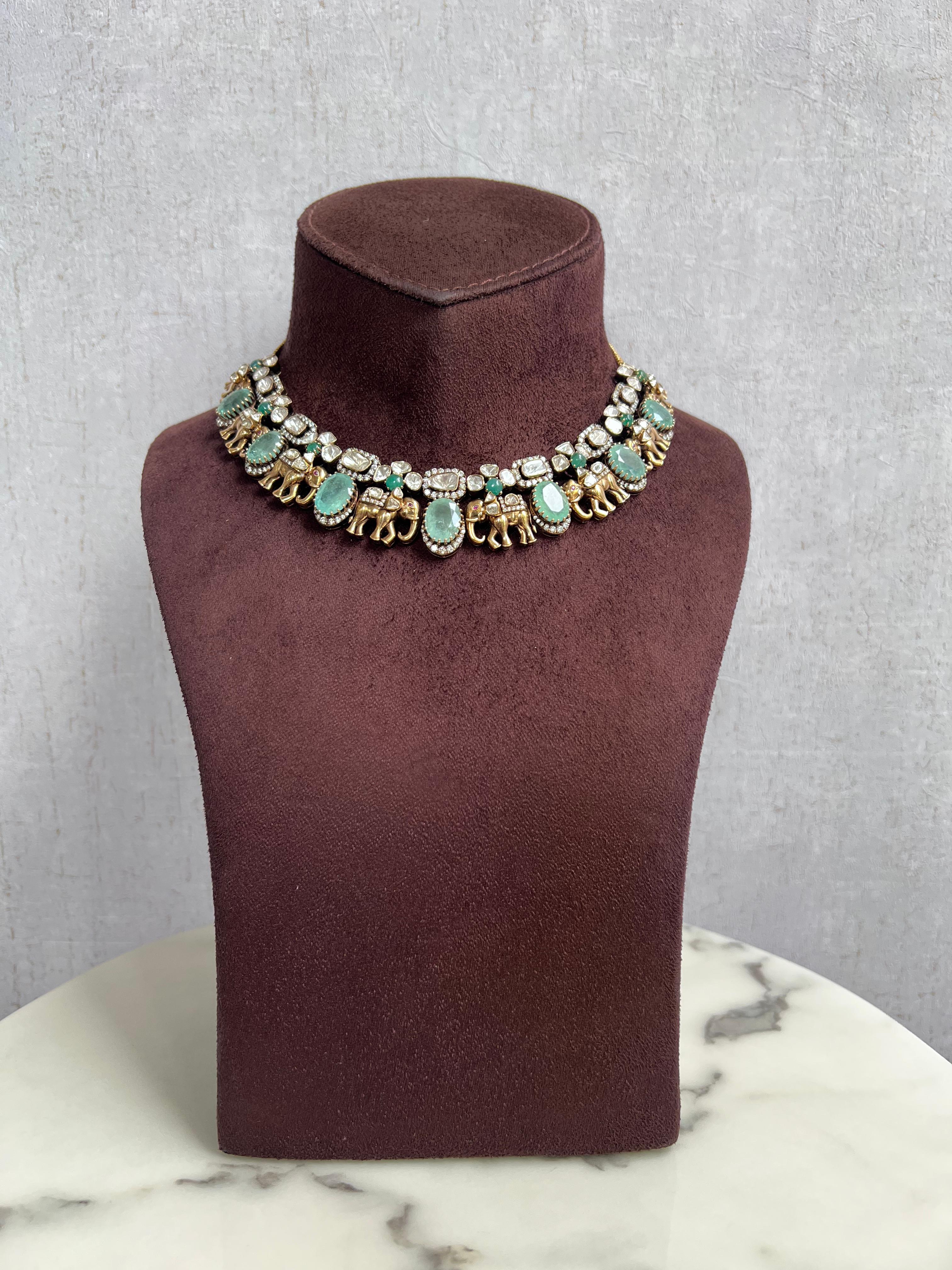 Cute Elephant Motif Victorian Necklace with Russian Emerald