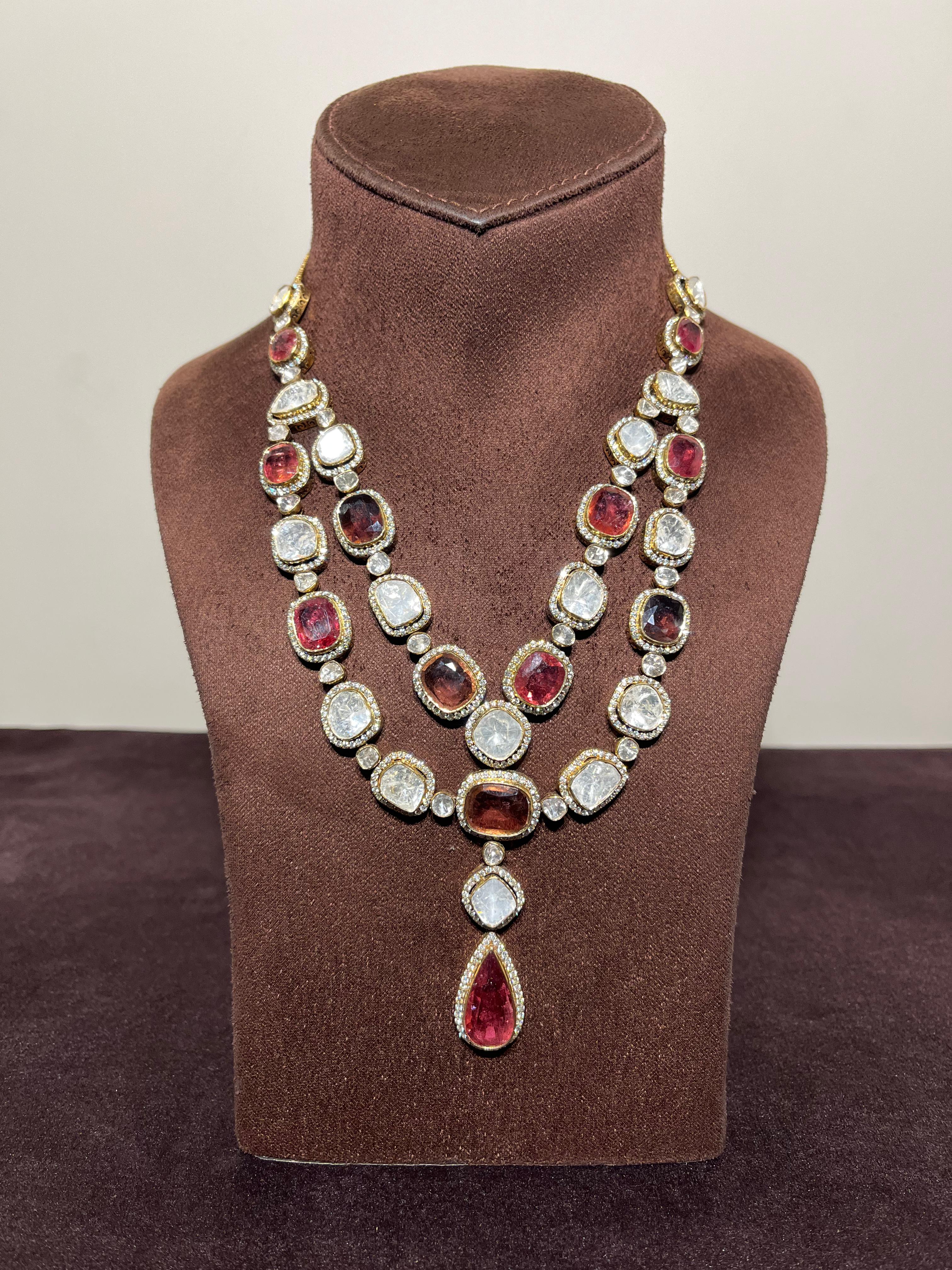 Fancy 2 Layered Polki Necklace with Tourmalines