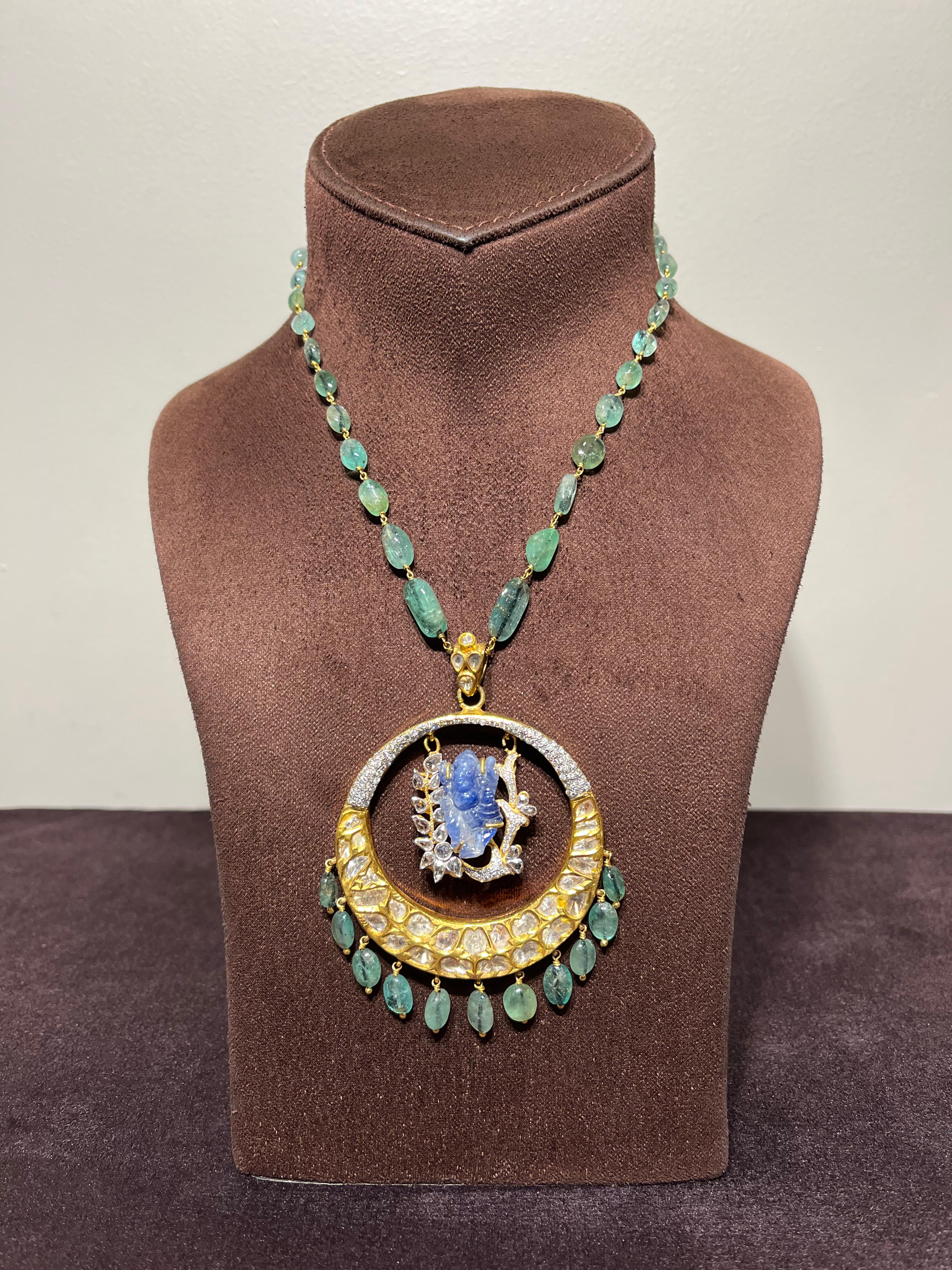 Carved Ganesh Blue Sapphire with Emerald Beads Chain