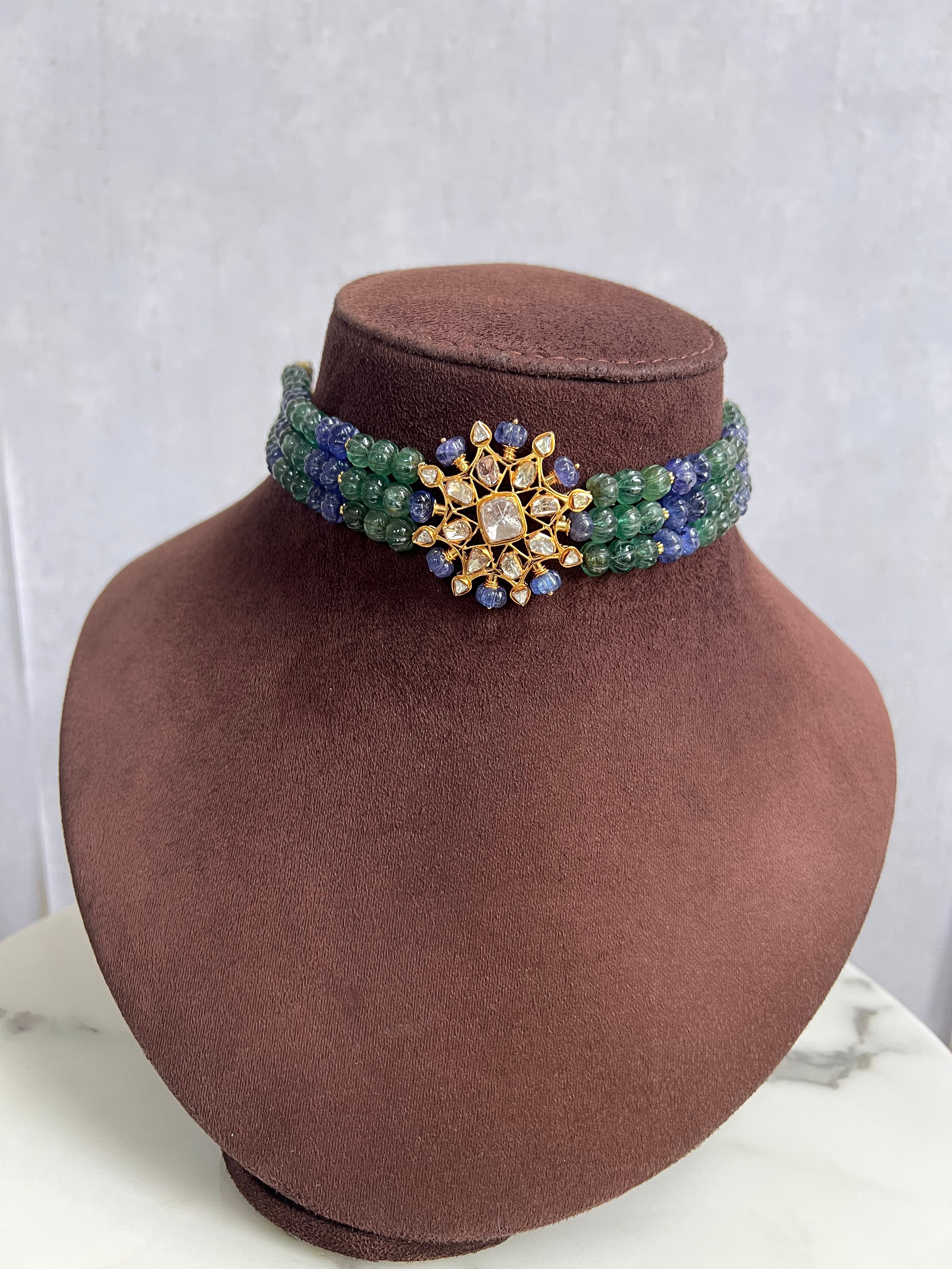 Polki Choker with Tanzanite and Emerald Beads Polki Choker with Tanzanite and Emerald Beads