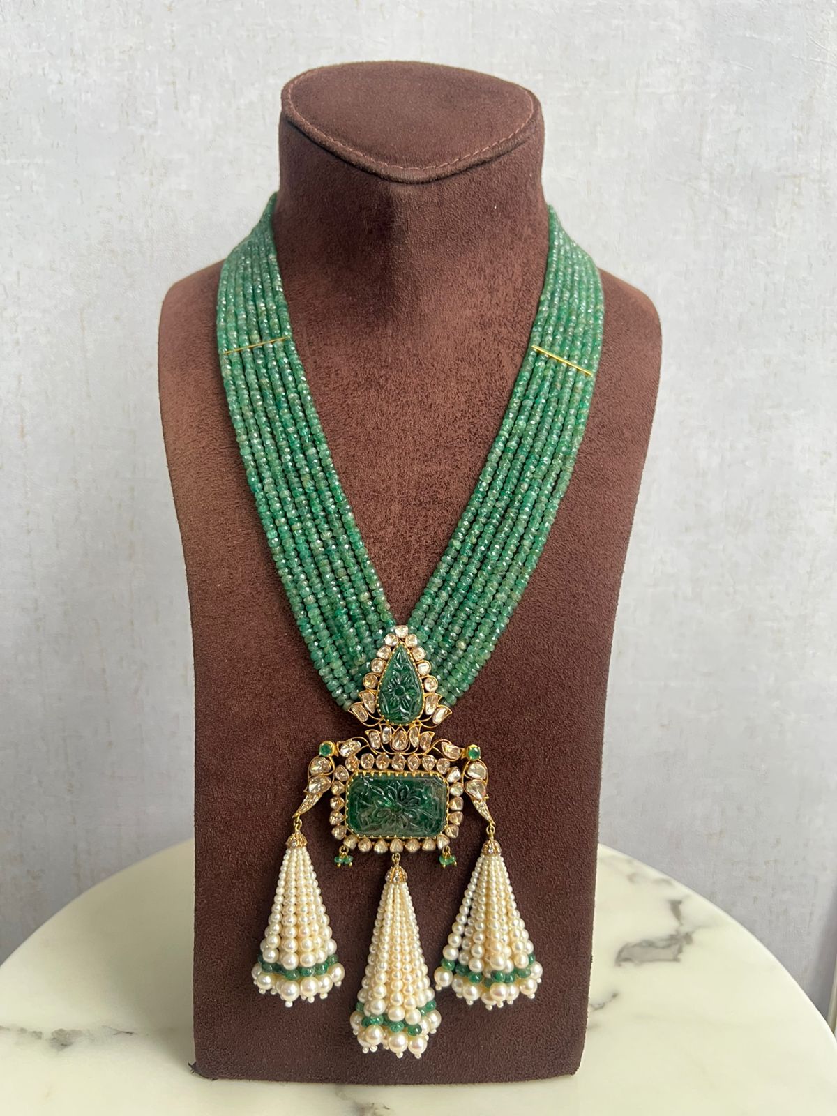 Unisex Emerald beads haram with carved Zambian emerald pendant