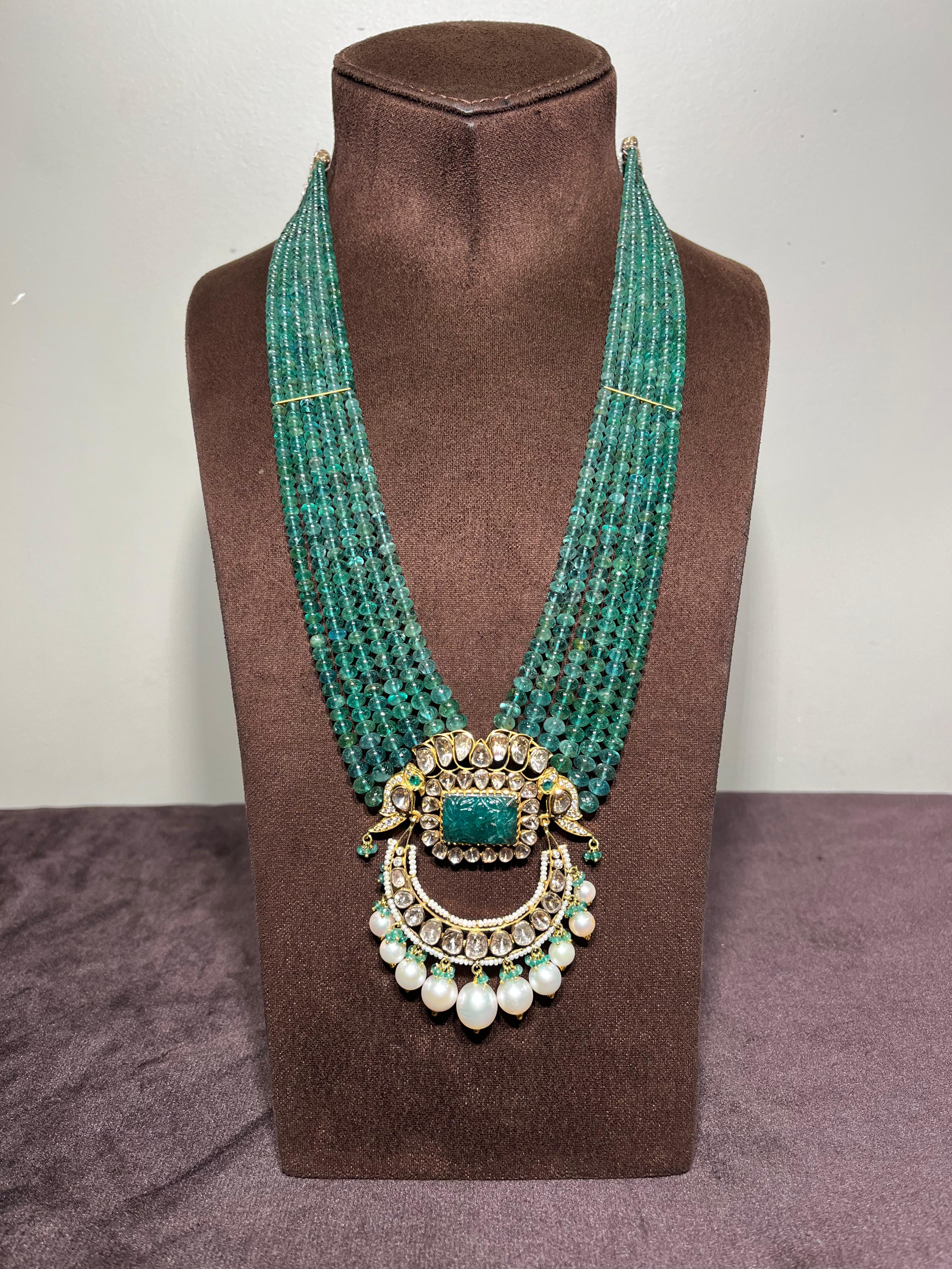 Chand Shaped Polki Pendant with carved Emerald and Emerald Beads