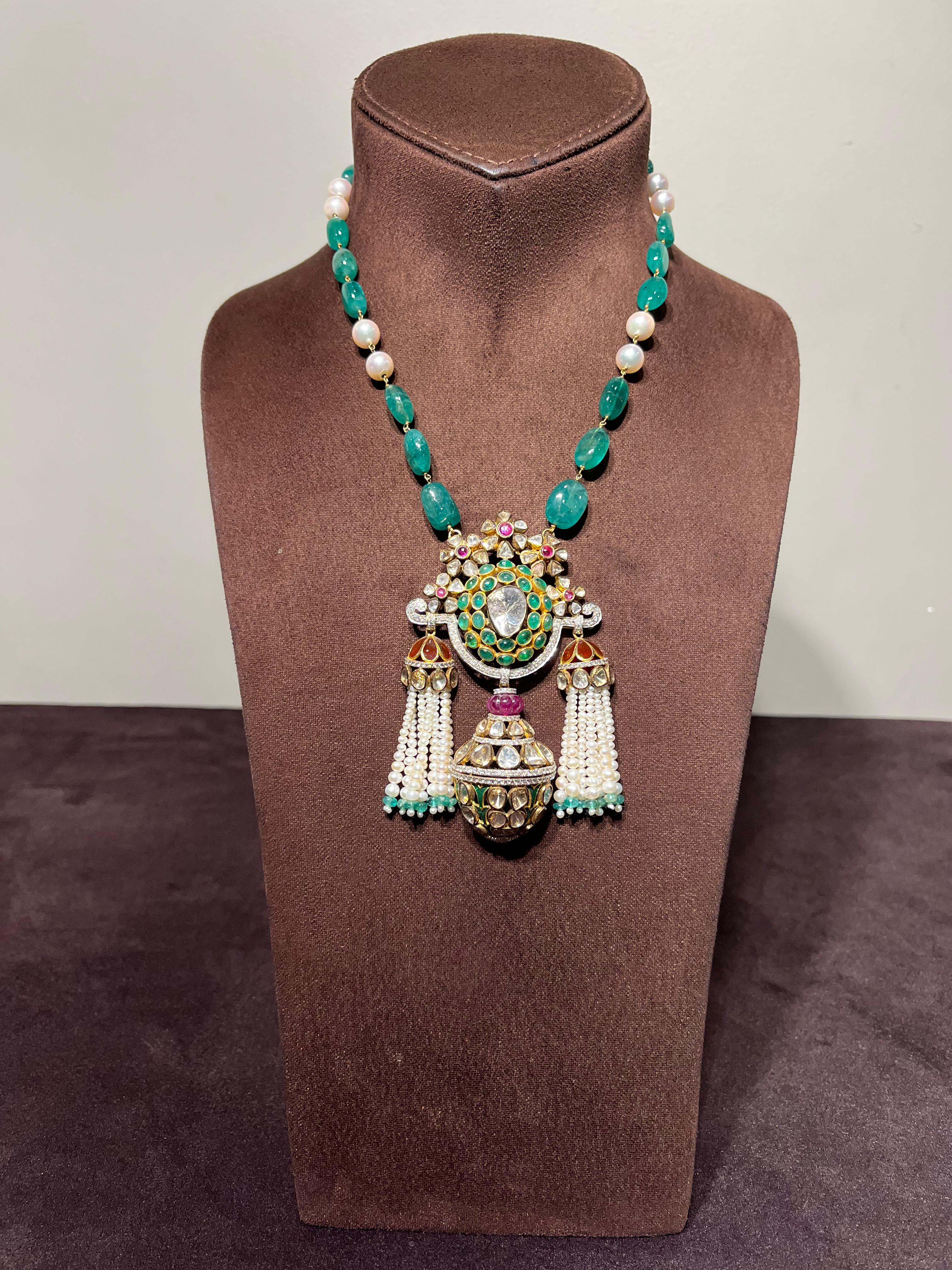 Polki Pendant with Tassels and Pearl Emerald Mala