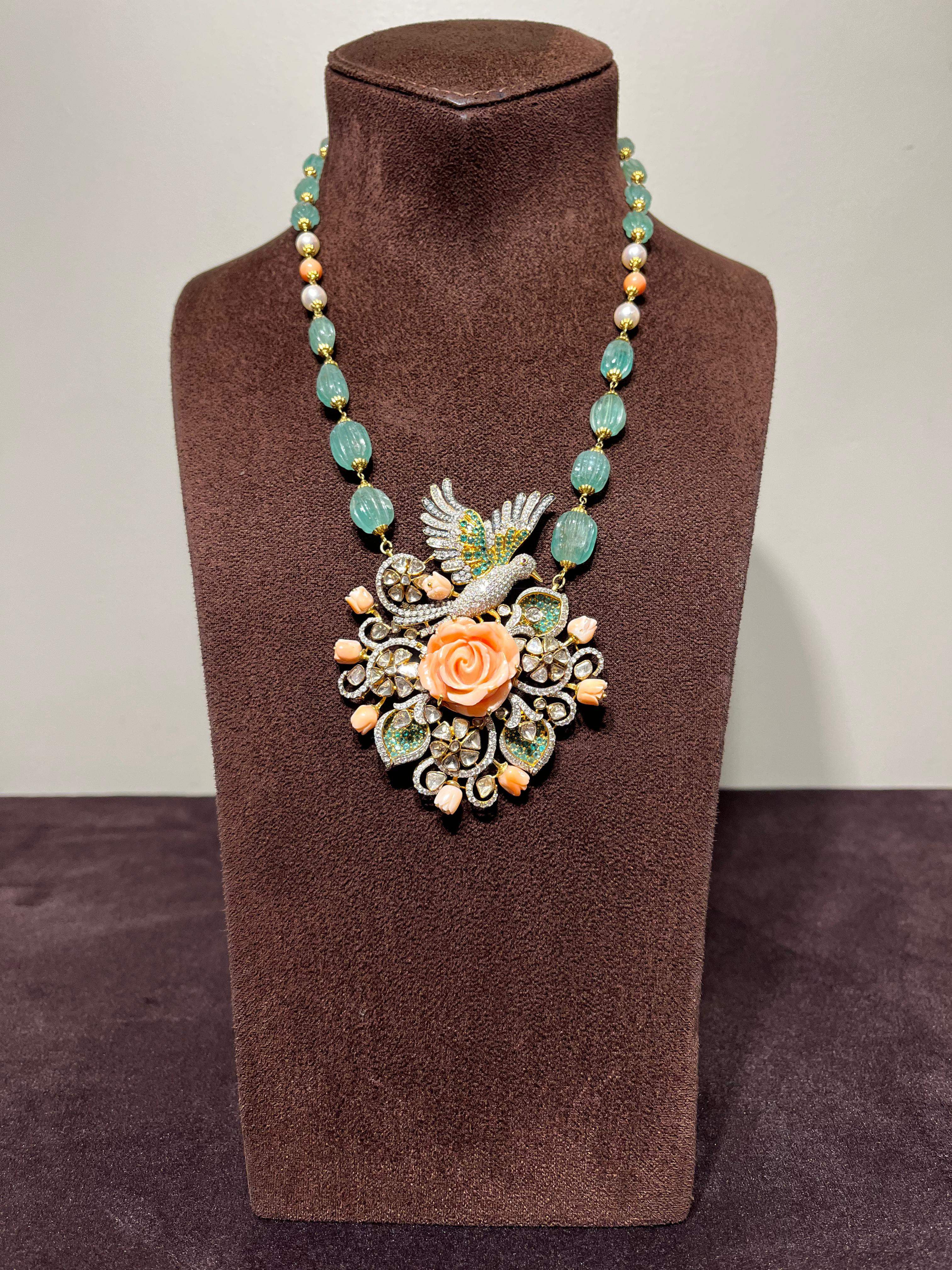 Nature Inspired Carved Coral Pendant with Emerald and Coral Mala