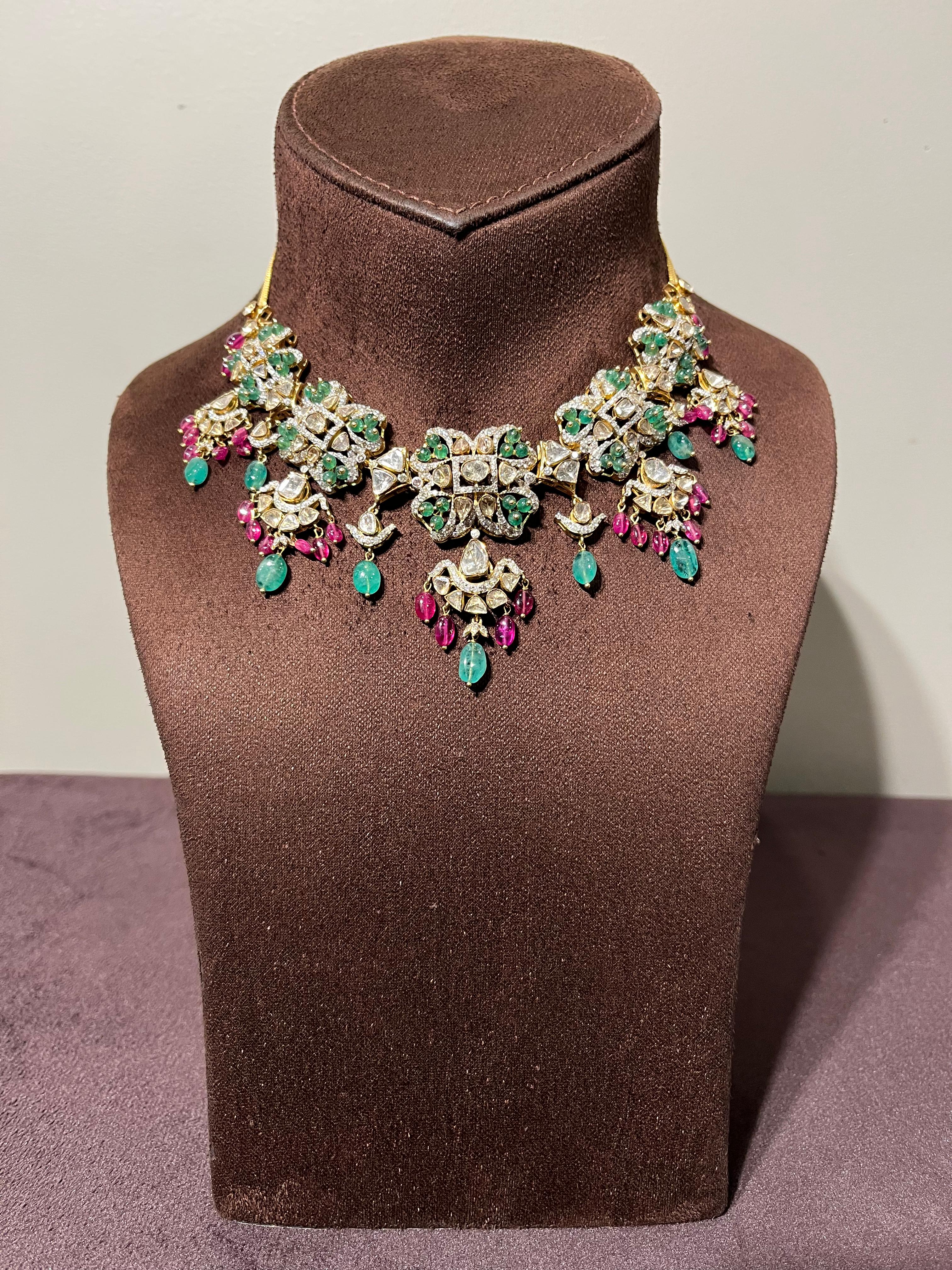 Trendy Polki Necklace Studded with Emerald and Ruby Beads