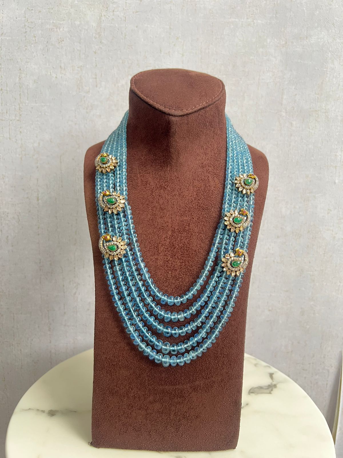 Unisex Aquamarine beads haram with peacock side mopes