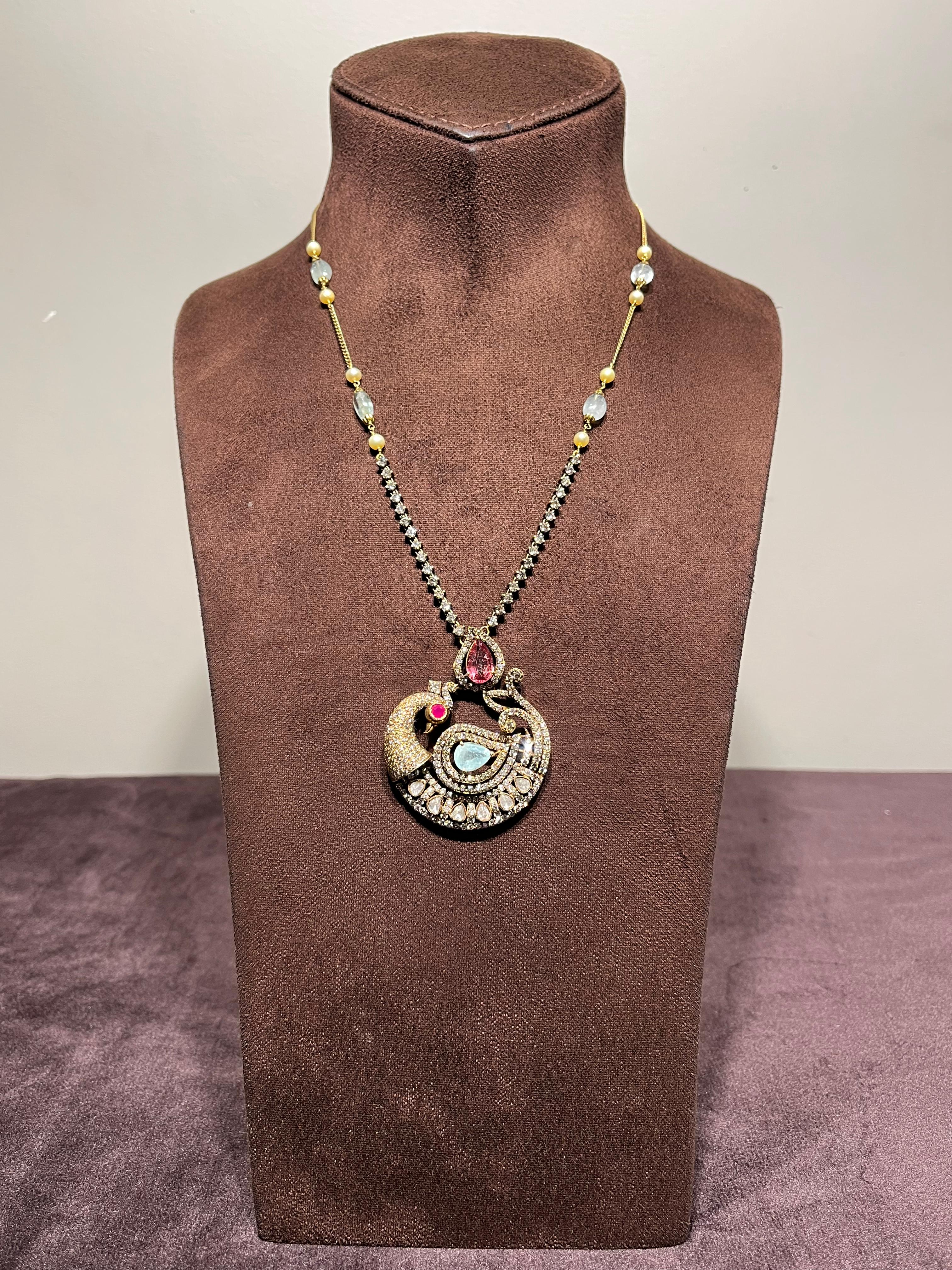 Peacock Motif Victorian Pendant chain with Tourmaline